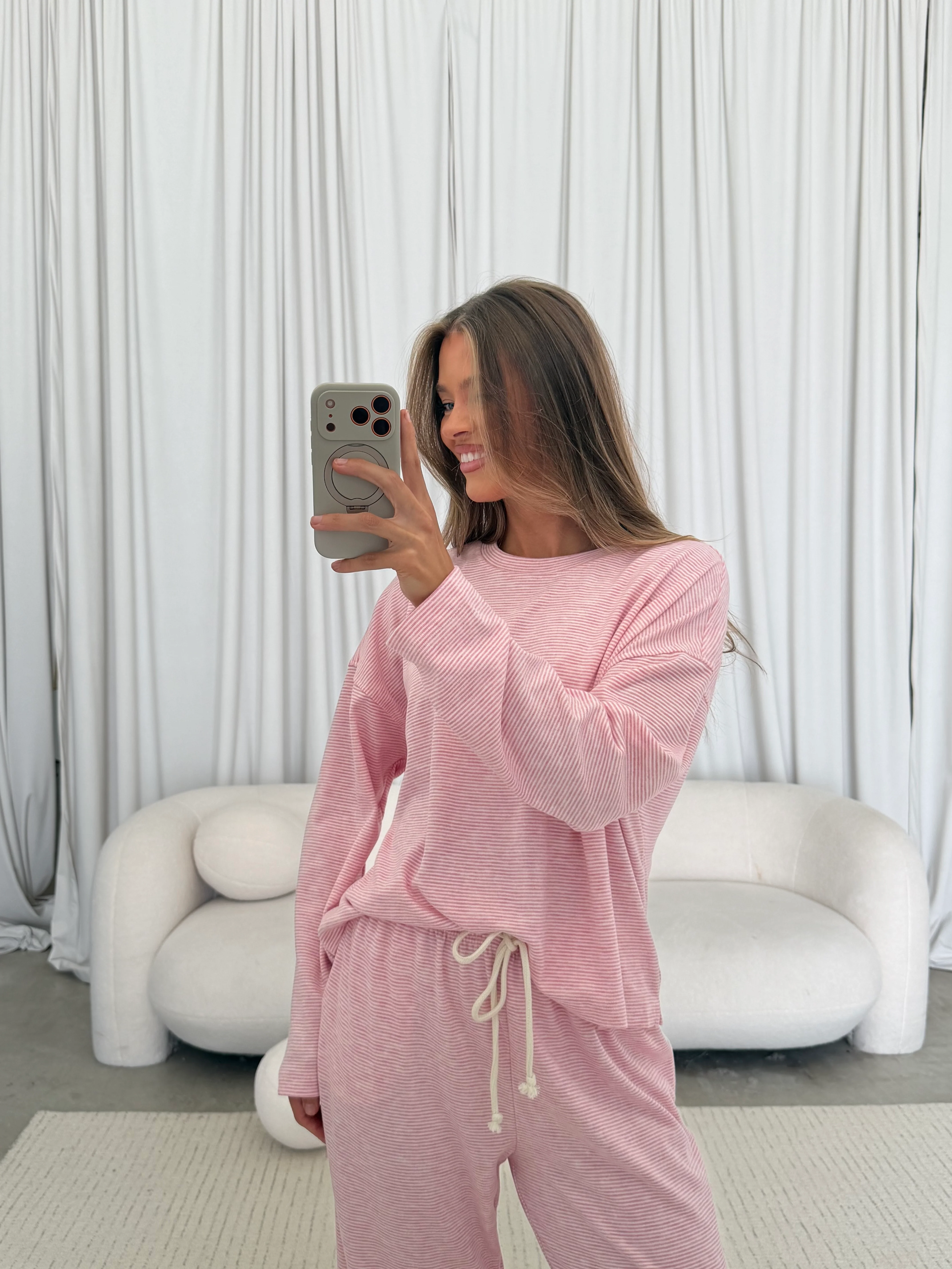 Jen Striped Knit Top and Pants Set in Rose/Cream - Image 2