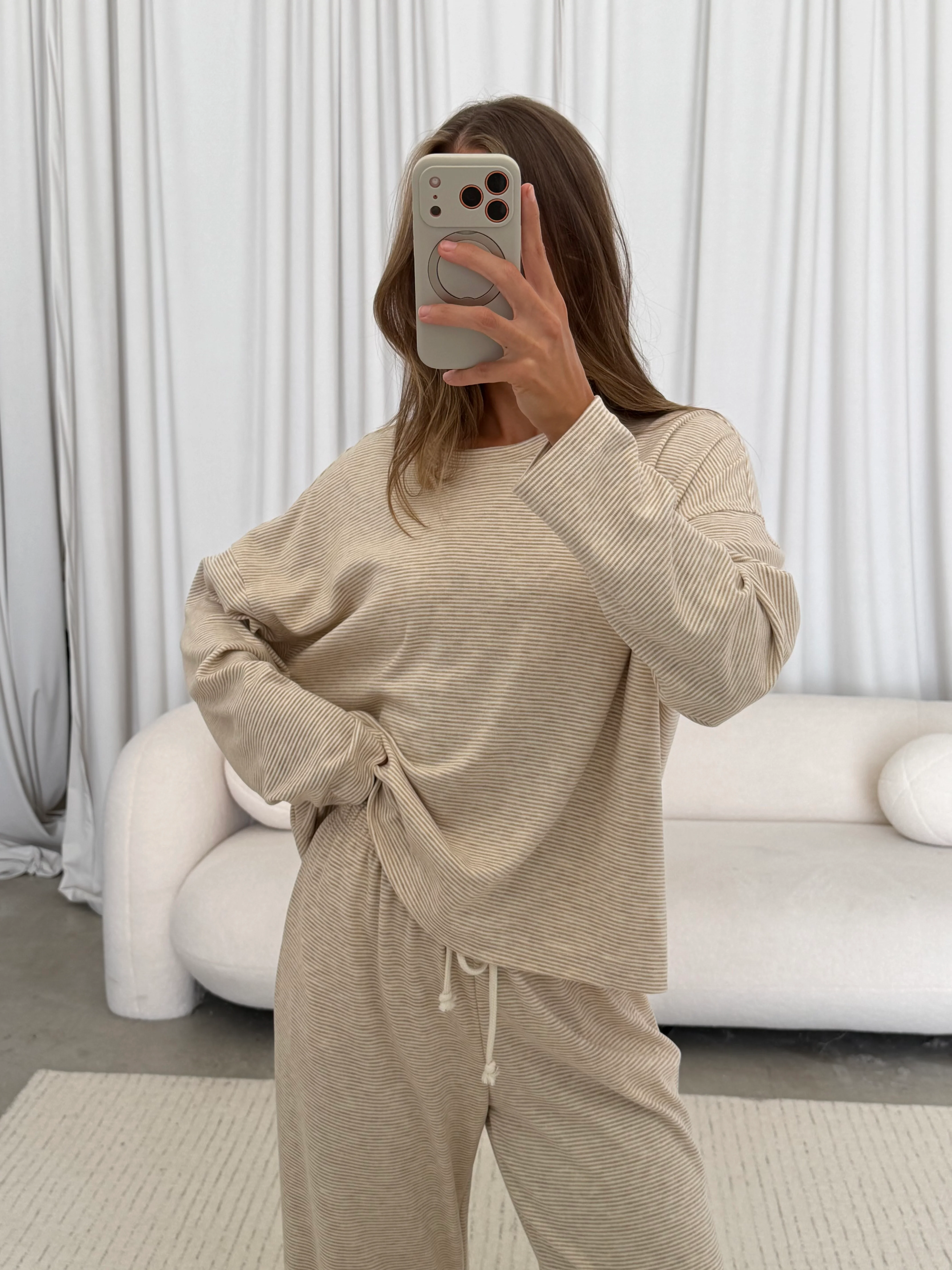 Jen Striped Knit Top and Pants Set in Taupe/Cream - Image 10