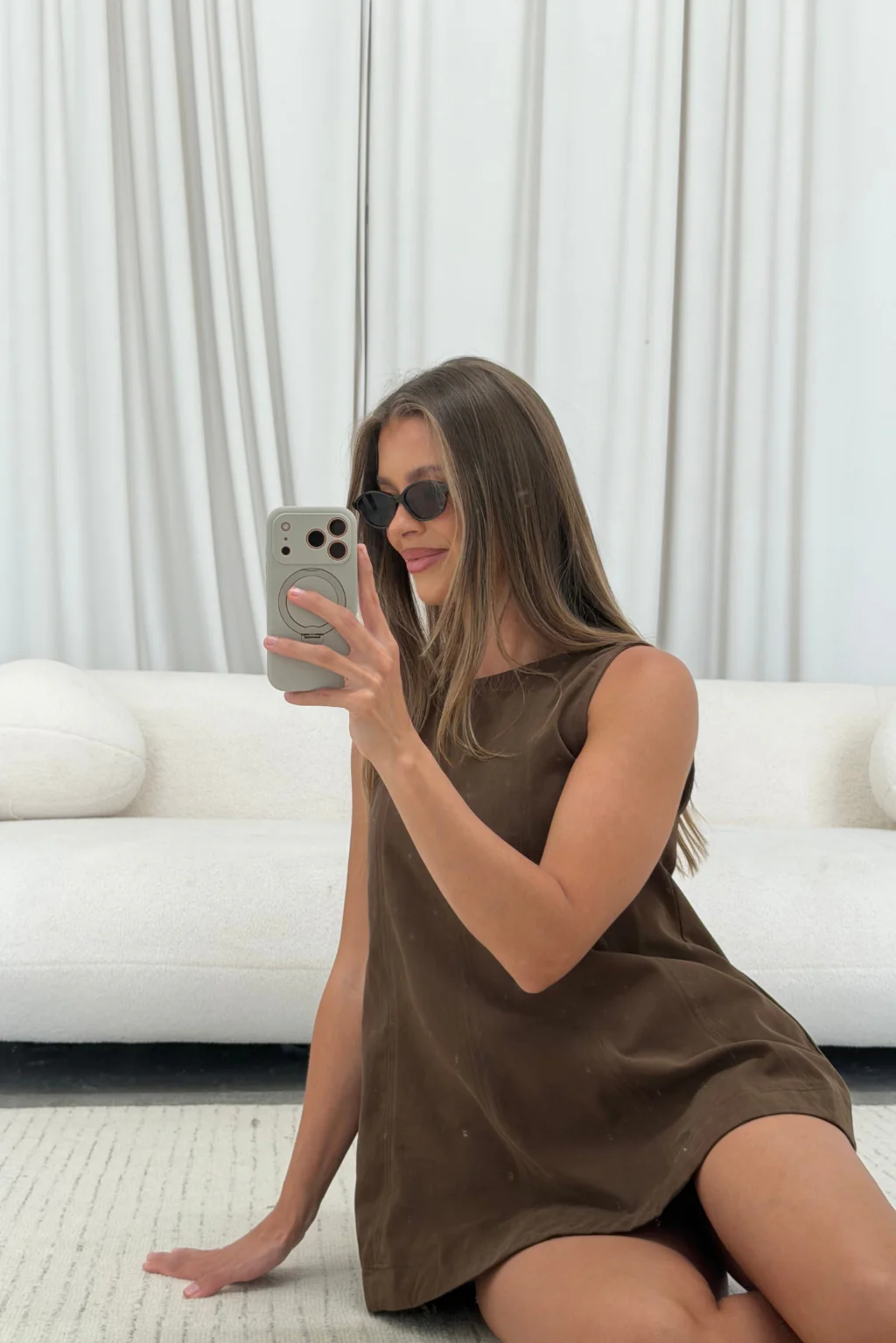Xyla 100% Cotton Twill Trapeze Sleeveless Top and Shorts Set in Brown - Image 5