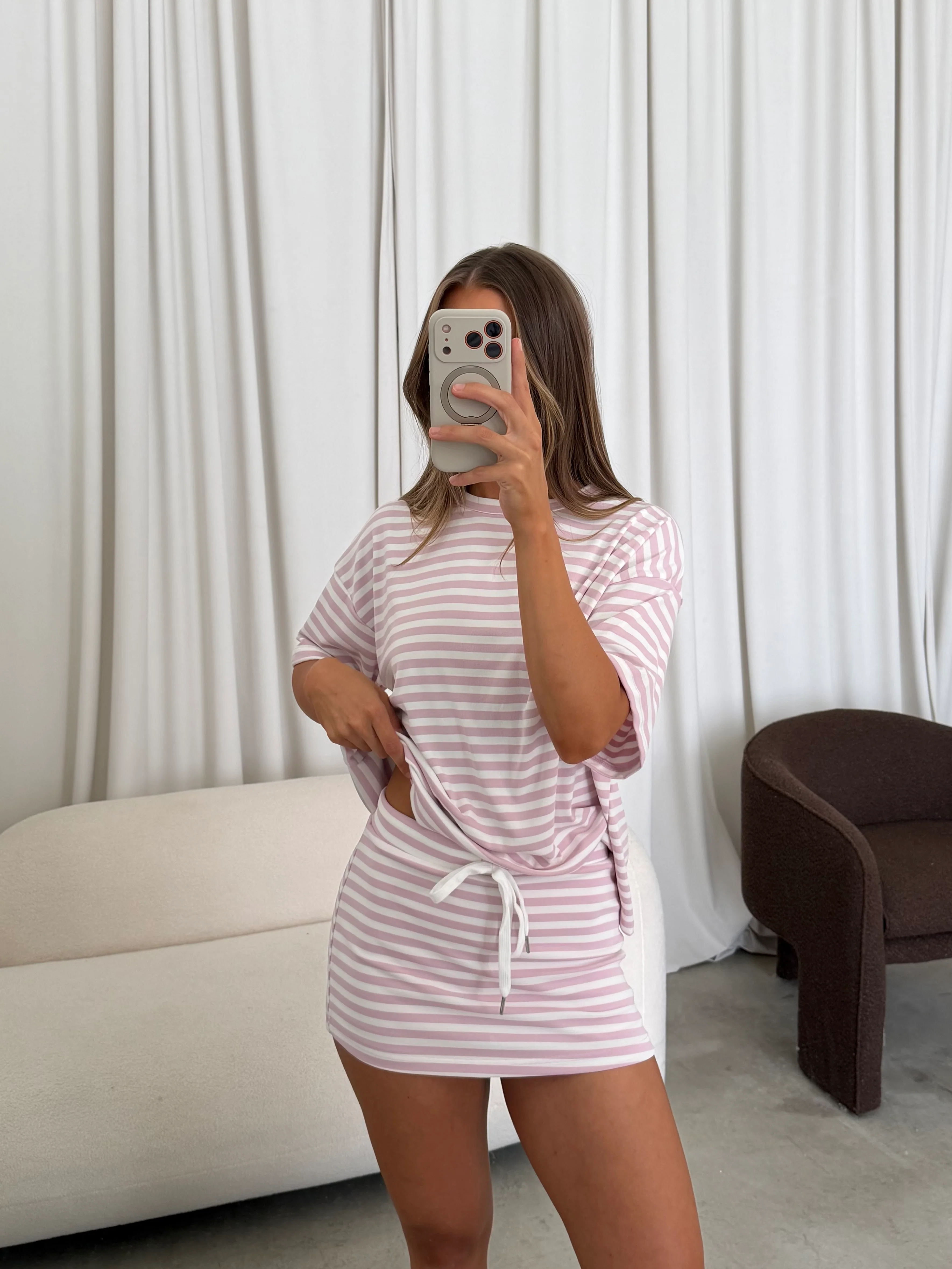 Jess Skort Set in Light Pink/White Stripe - Image 3