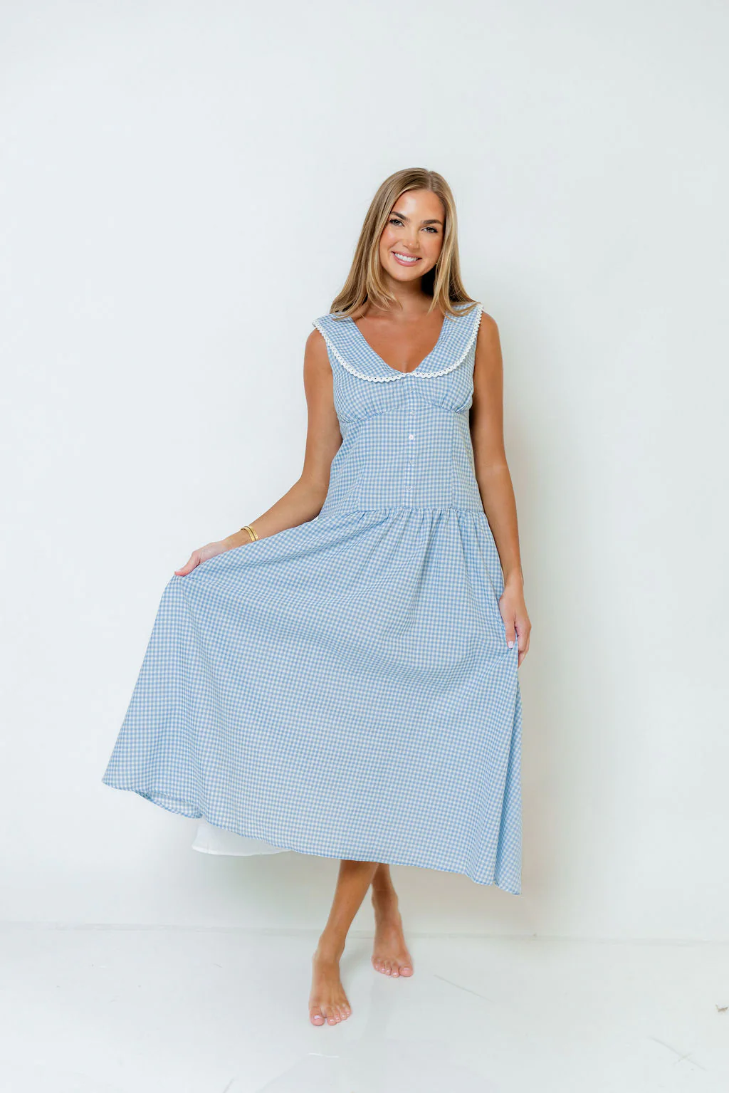 Reagyn Drop Waist Lace Trim Gingham Midi Dress in Blue - Image 3