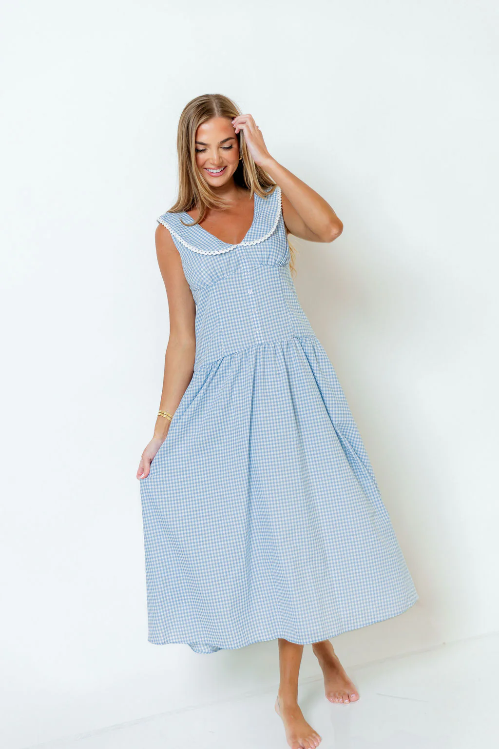 Reagyn Drop Waist Lace Trim Gingham Midi Dress in Blue - Image 4