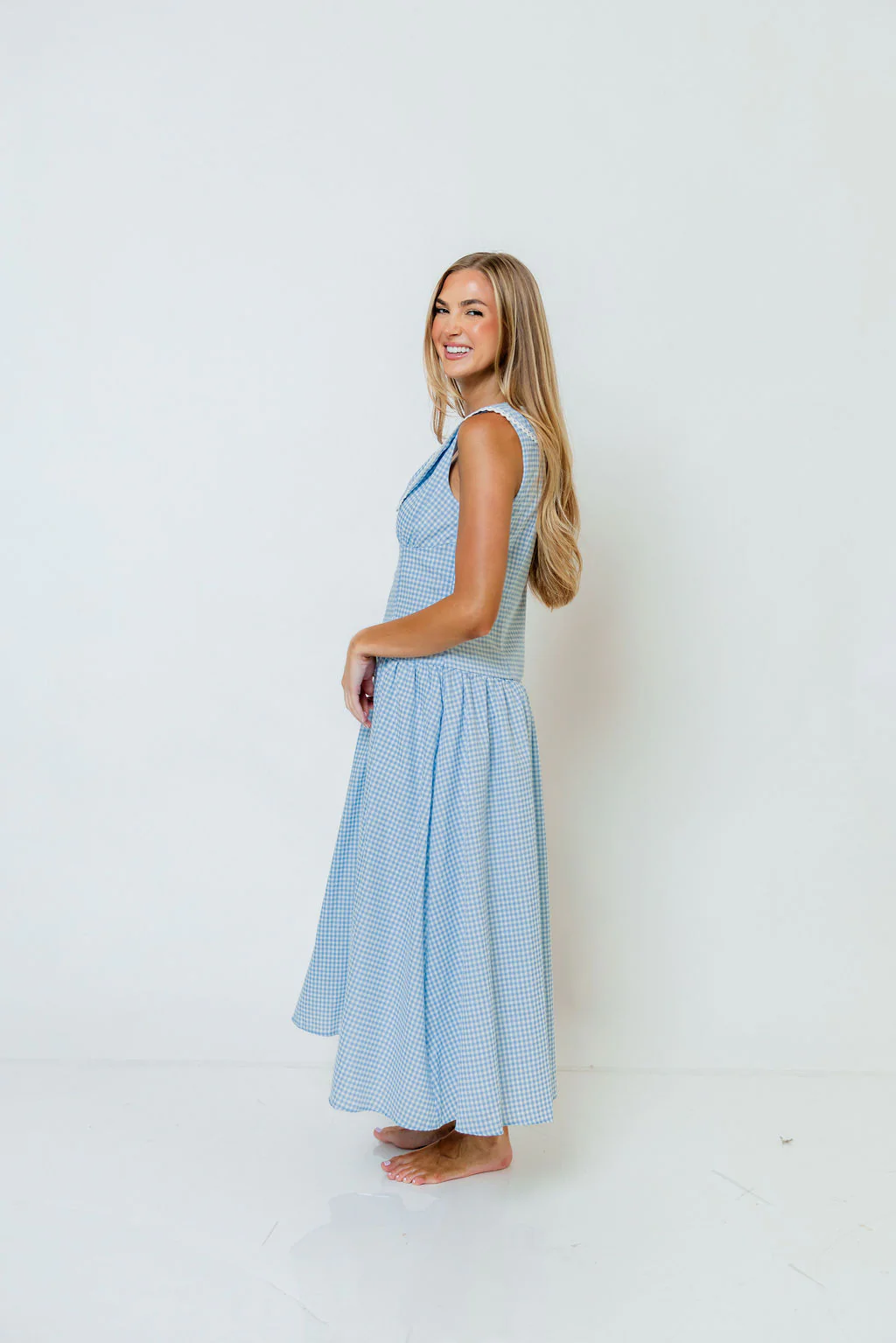 Reagyn Drop Waist Lace Trim Gingham Midi Dress in Blue - Image 6