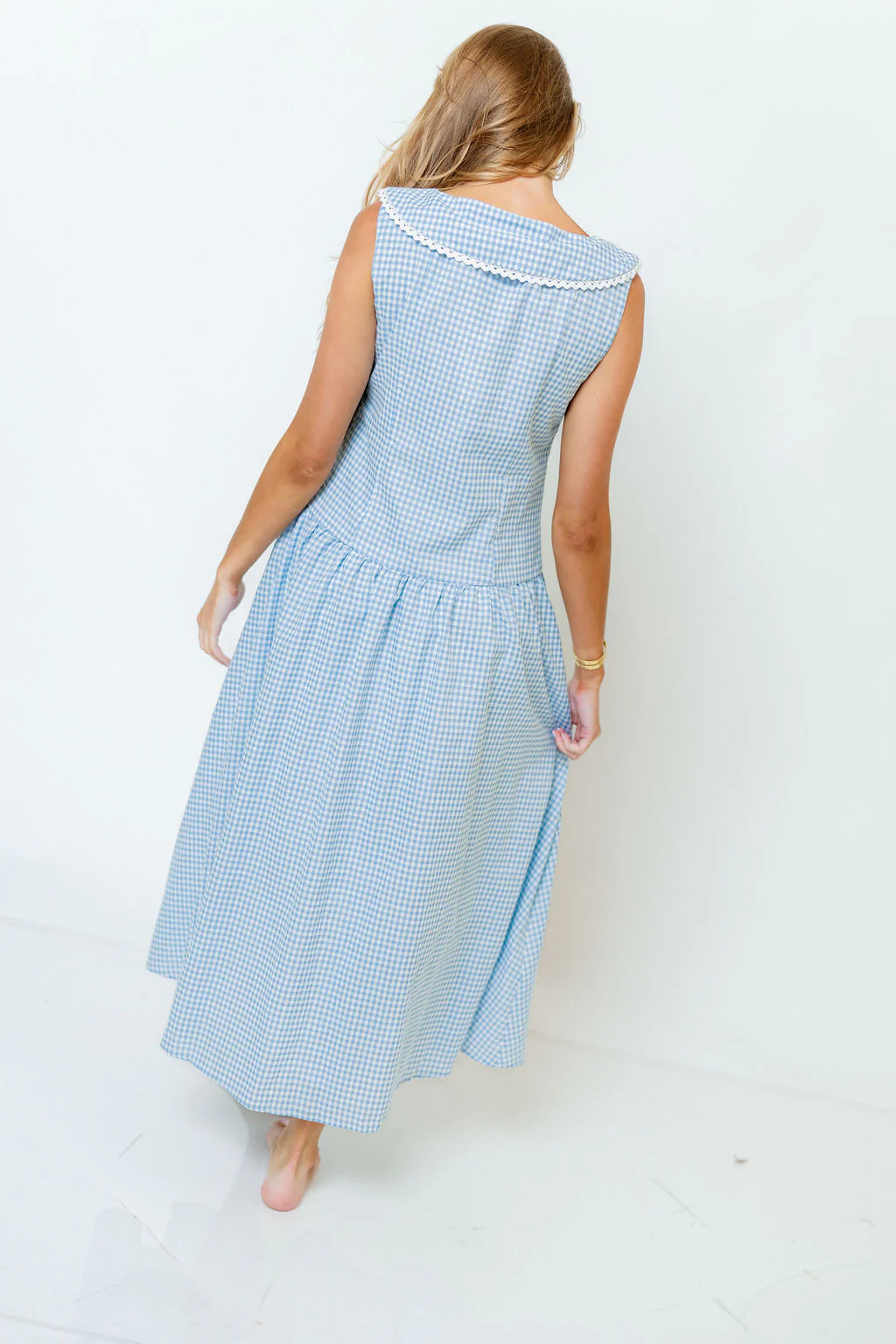 Reagyn Drop Waist Lace Trim Gingham Midi Dress in Blue - Image 7