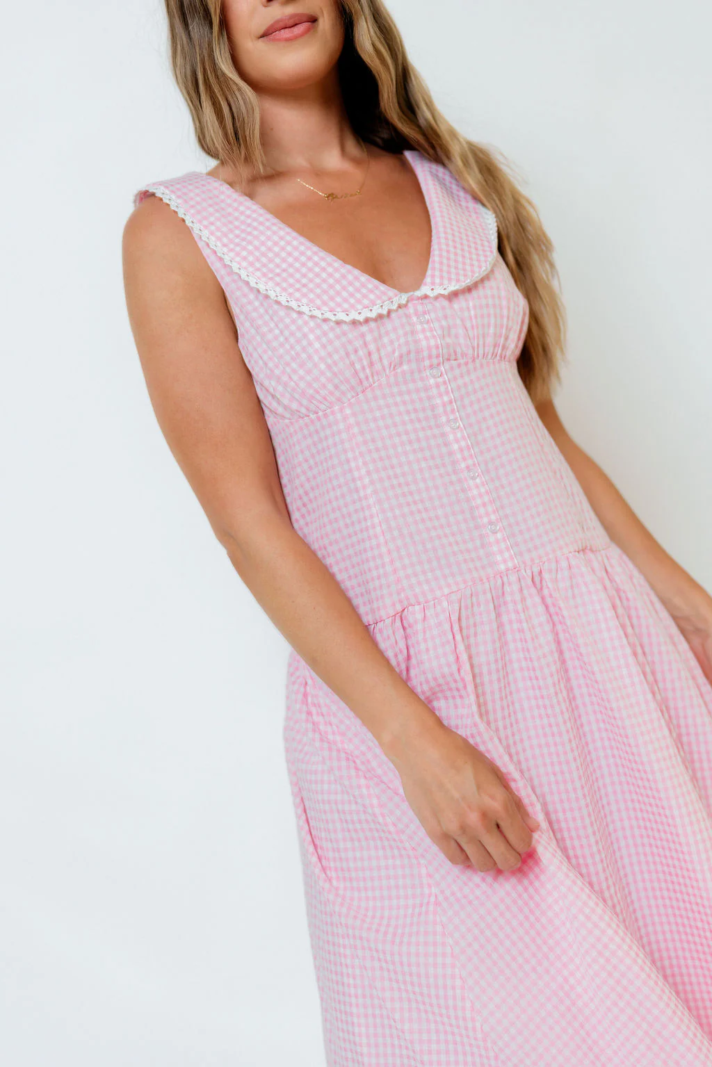 Reagyn Drop Waist Lace Trim Gingham Midi Dress in Pink - Image 3