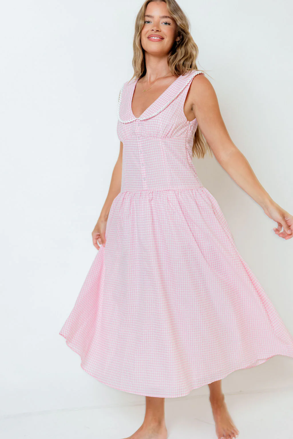 Reagyn Drop Waist Lace Trim Gingham Midi Dress in Pink - Image 4