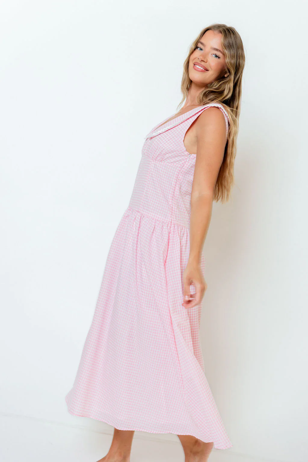 Reagyn Drop Waist Lace Trim Gingham Midi Dress in Pink - Image 5