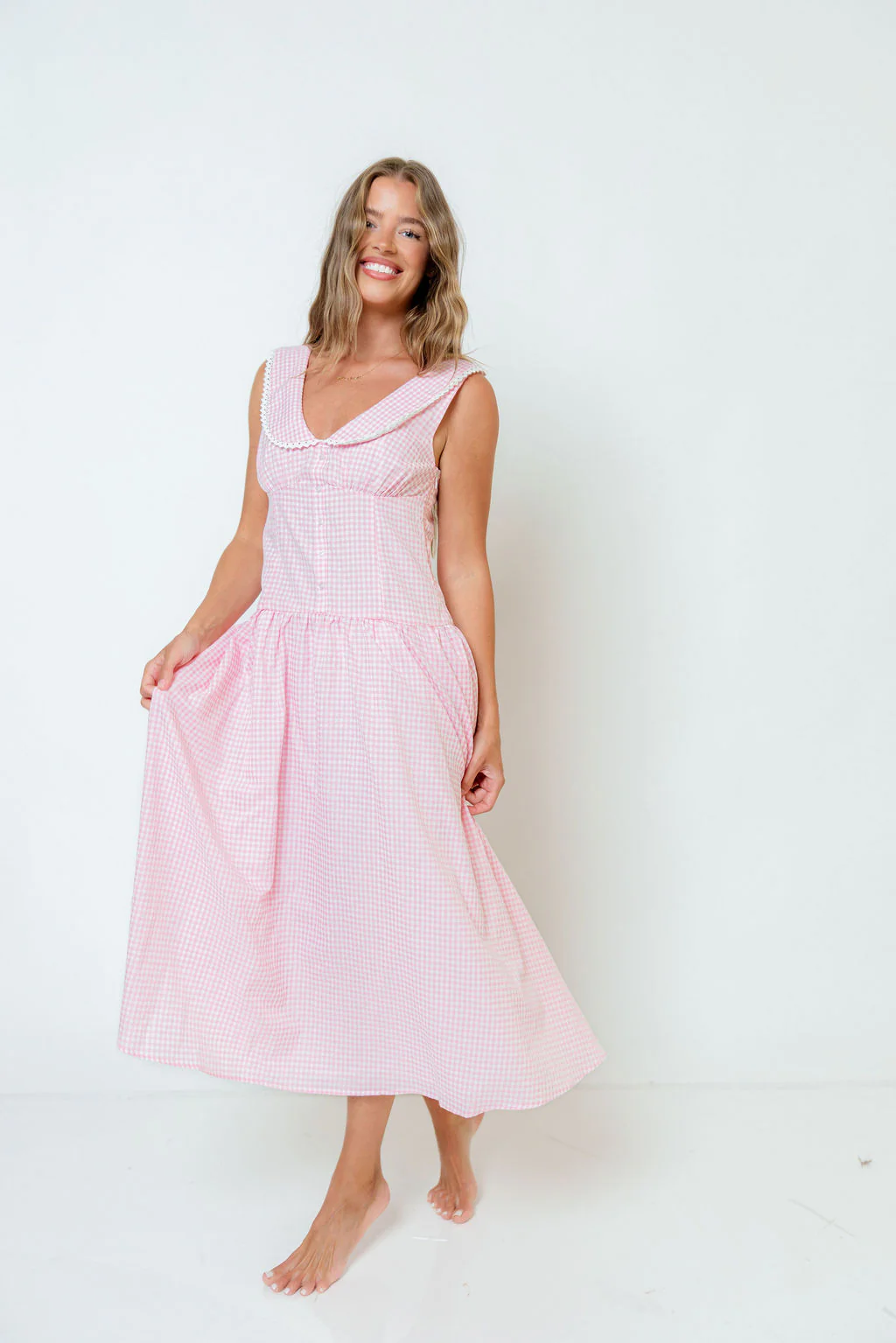 Reagyn Drop Waist Lace Trim Gingham Midi Dress in Pink - Image 6