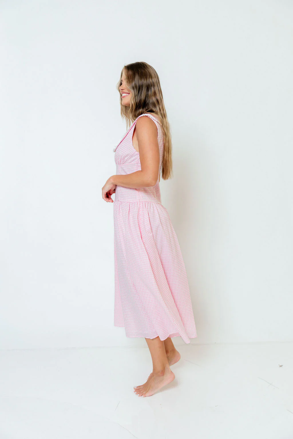 Reagyn Drop Waist Lace Trim Gingham Midi Dress in Pink - Image 7