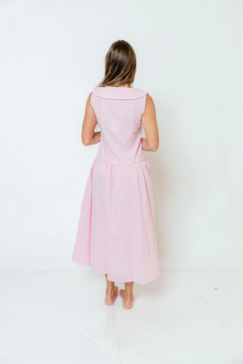 Reagyn Drop Waist Lace Trim Gingham Midi Dress in Pink - Image 8