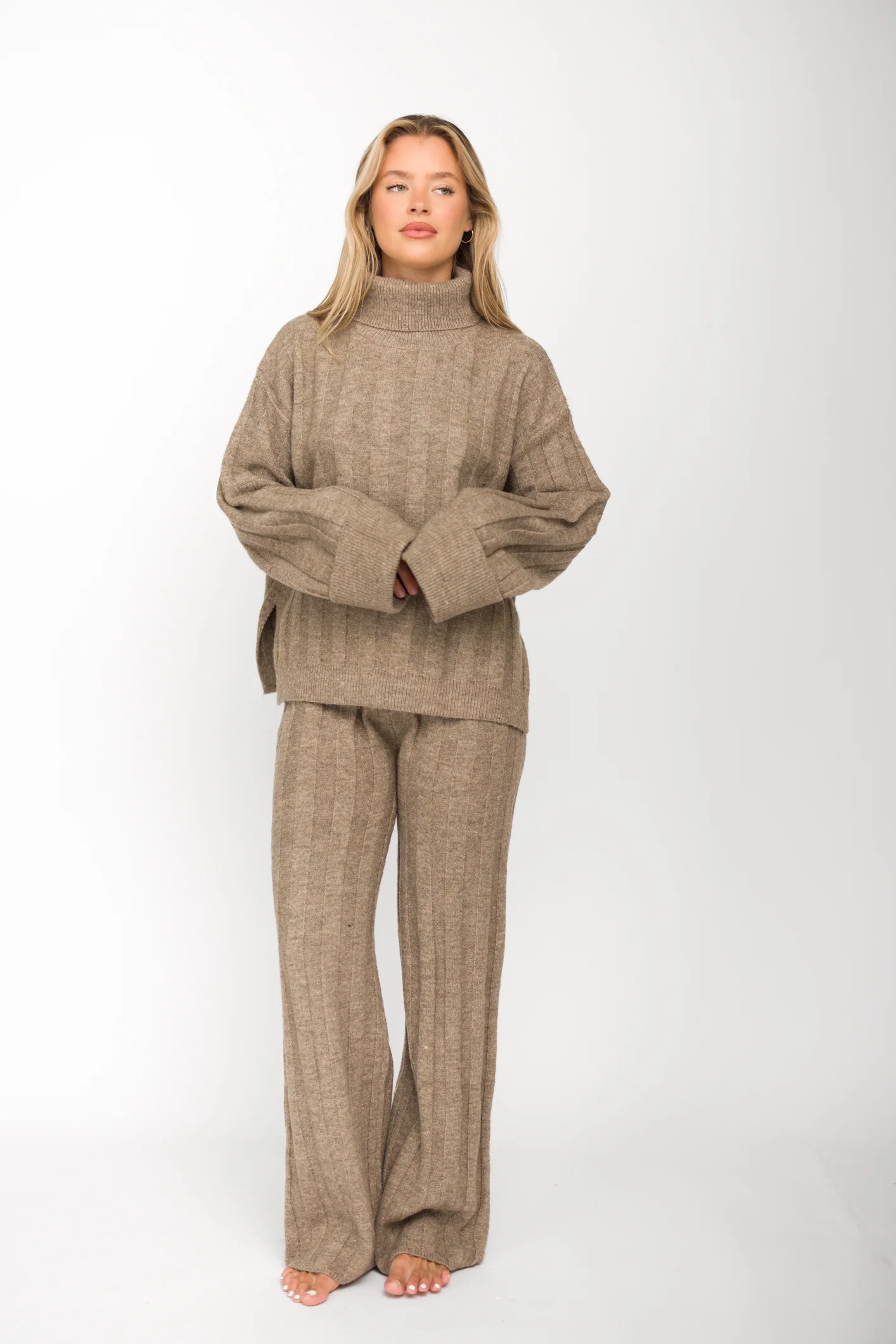 Kai Thick Ribbed Knit Two Piece Sweater Set in Taupe - Image 2