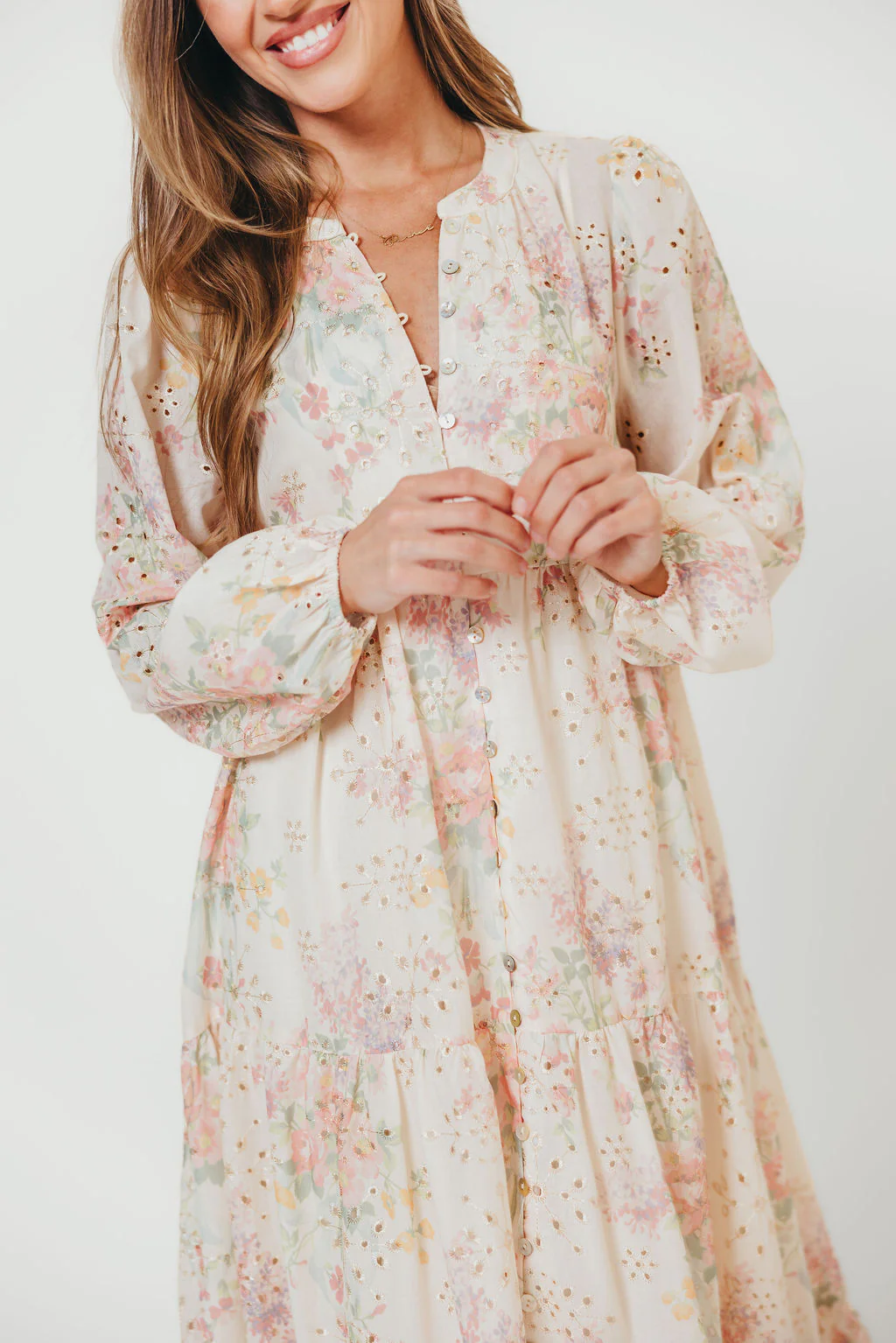 Anna Eyelet Button Down Tiered Dress in Blush Multi - Image 3