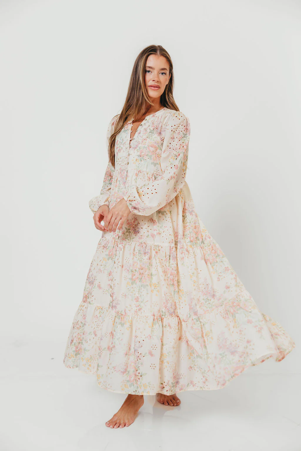 Anna Eyelet Button Down Tiered Dress in Blush Multi - Image 4