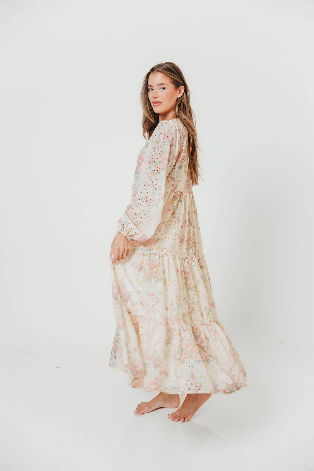 Anna Eyelet Button Down Tiered Dress in Blush Multi - Image 5