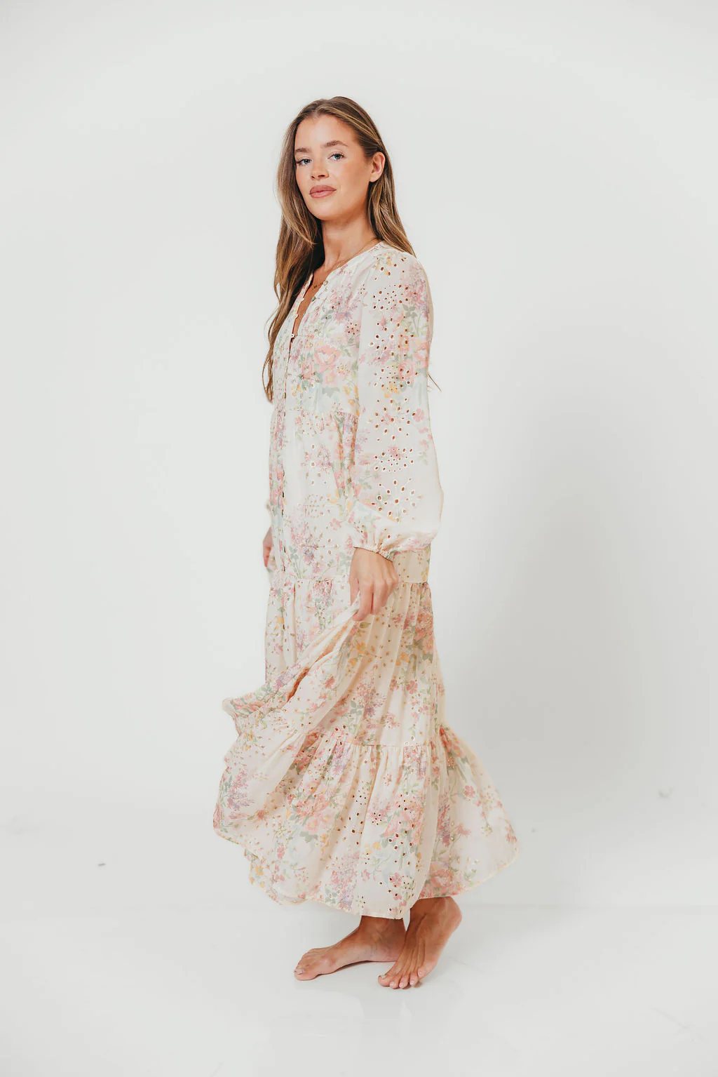 Anna Eyelet Button Down Tiered Dress in Blush Multi - Image 6