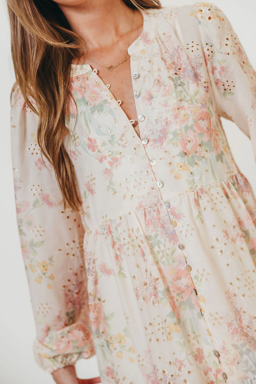 Anna Eyelet Button Down Tiered Dress in Blush Multi - Image 7