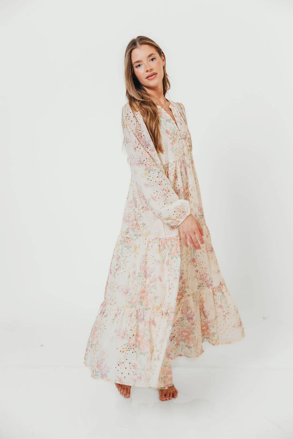 Anna Eyelet Button Down Tiered Dress in Blush Multi - Image 9