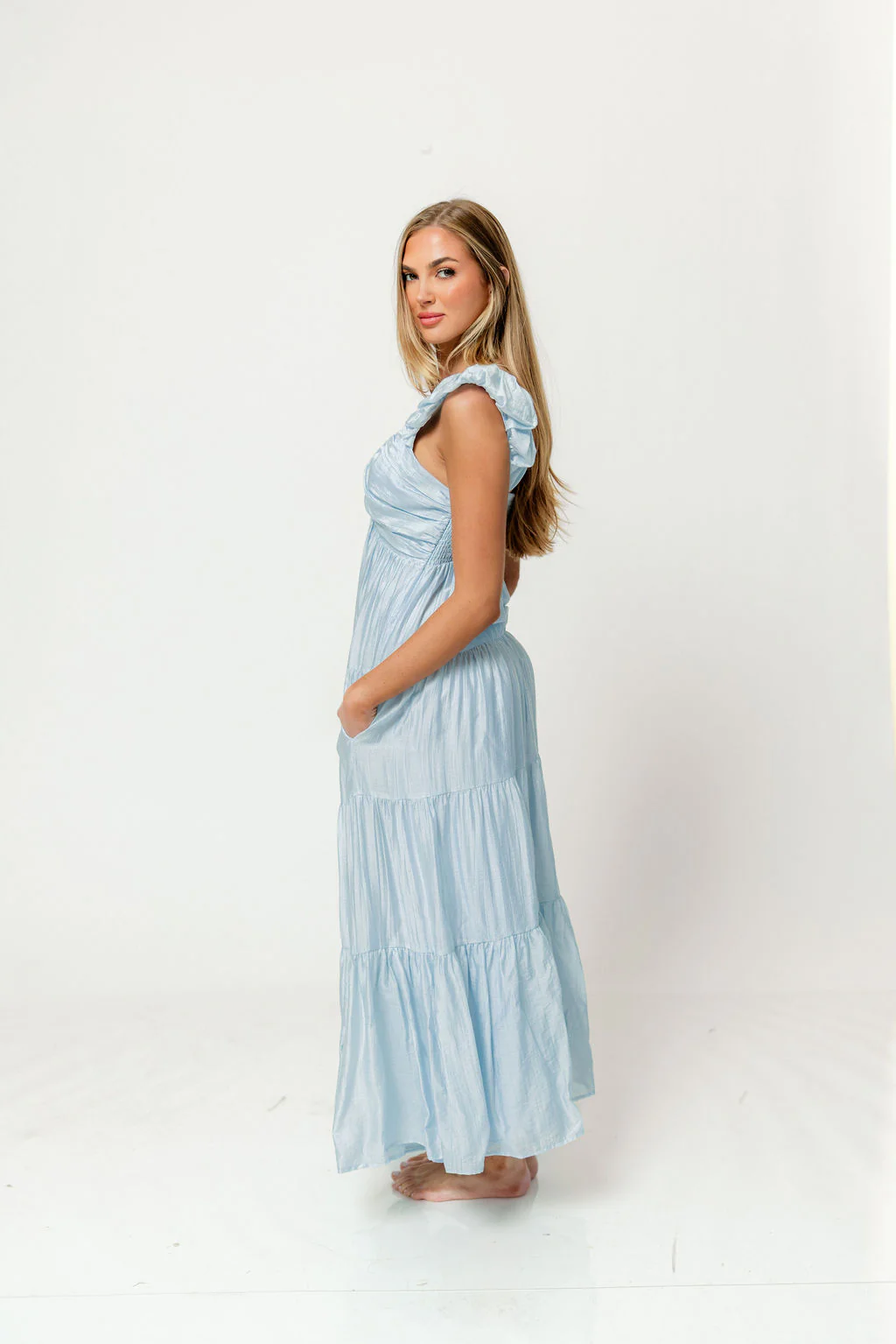 Katy Pleated Bodice Maxi Dress in Light Blue - Bump Friendly - Image 4