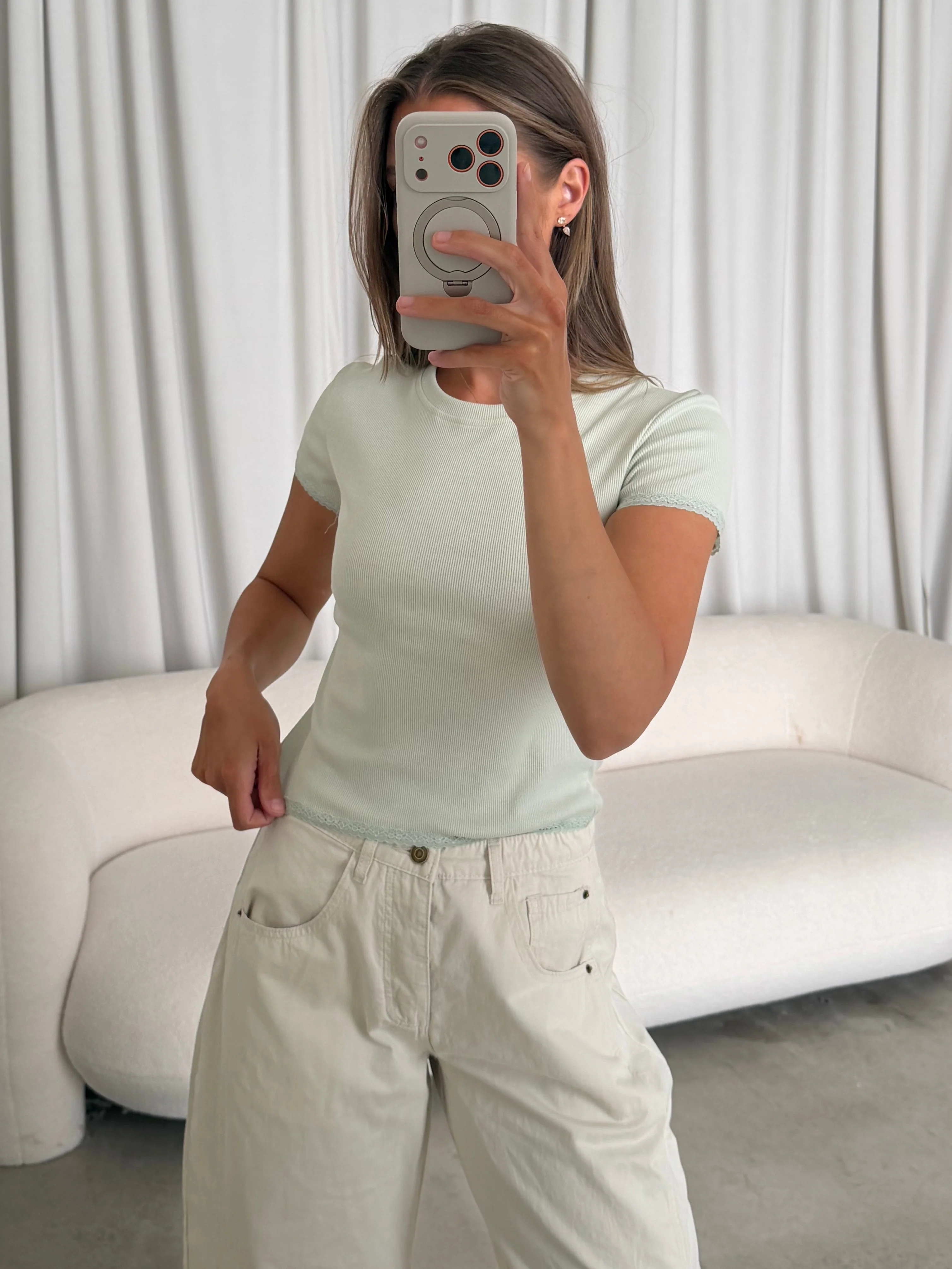 Keegan Lace Trim Baby Tee in Sage