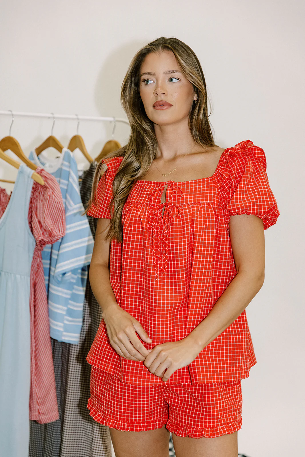 Tildy Ruffle Blouse and Short Set in Red - Image 4