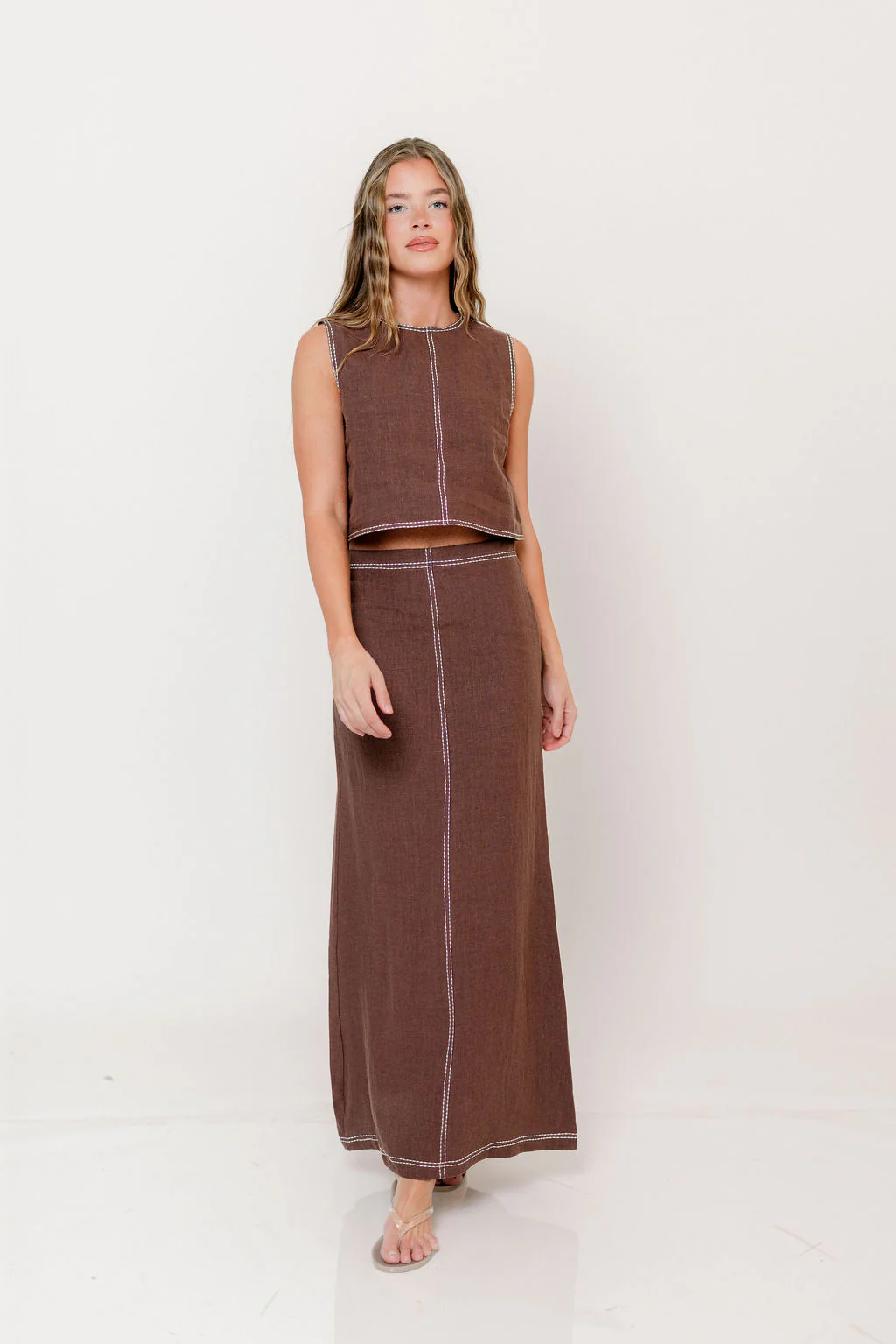 Kenzy Contrast Stitch Linen Maxi Skirt in Brown - Image 2