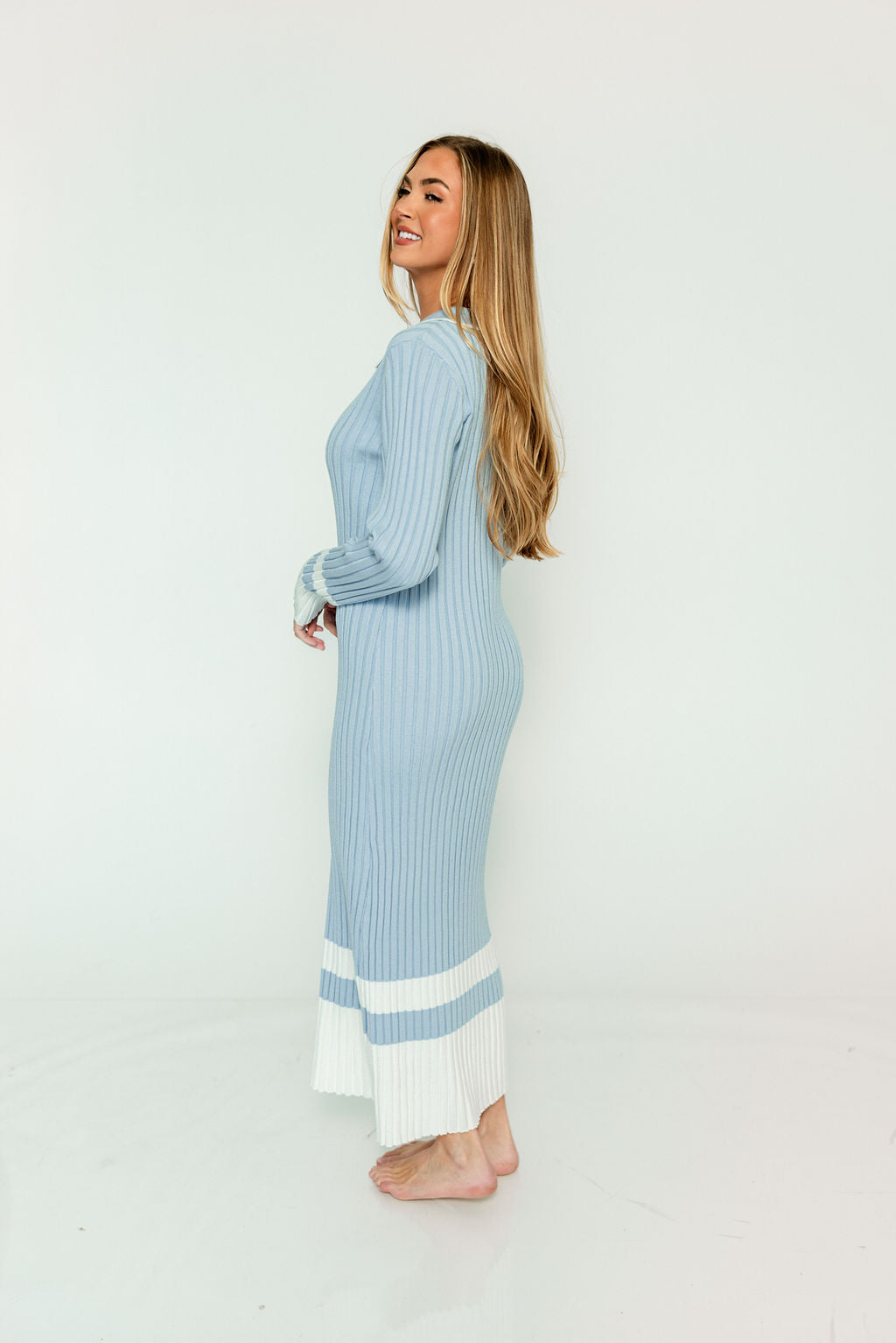 Kris Colorblock Polo Rib-Knit Maxi Dress in Sky - Image 3