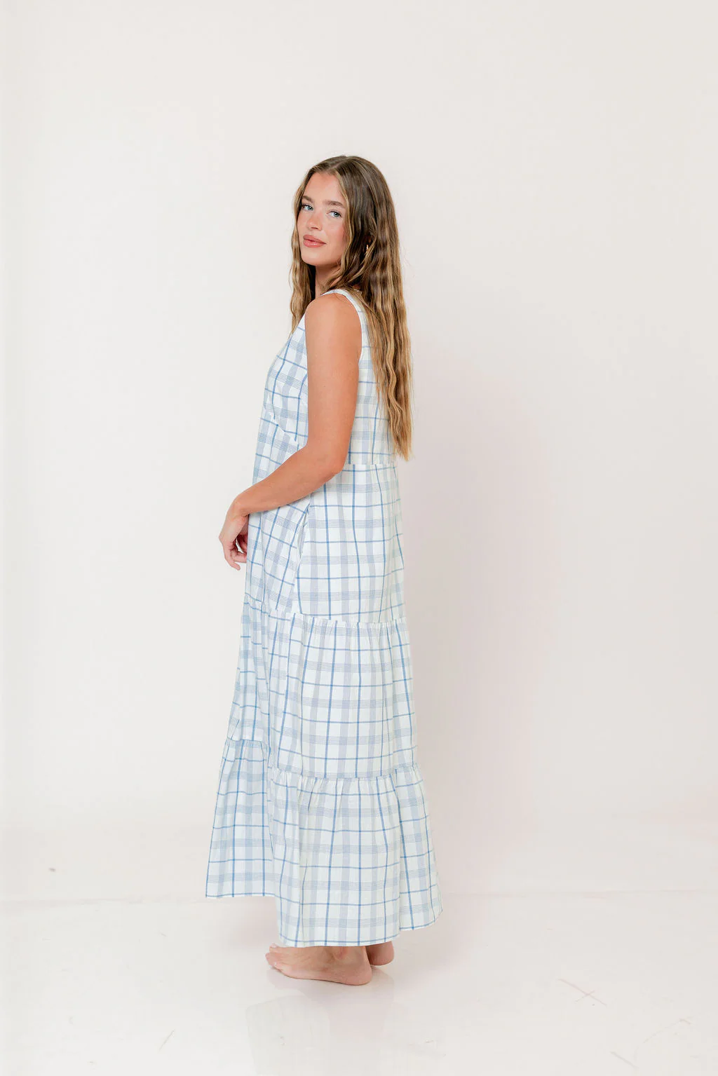 Ayla 100% Cotton Midi Dress in Off-White/Blue - Image 3