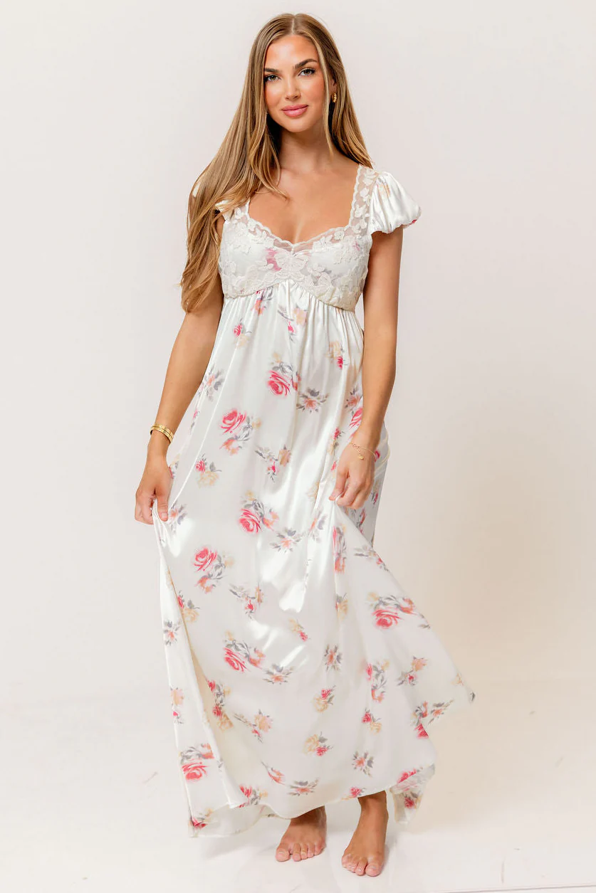 Ryan Lace Bodice Cutout Maxi Dress in Cream Floral - Bump Friendly