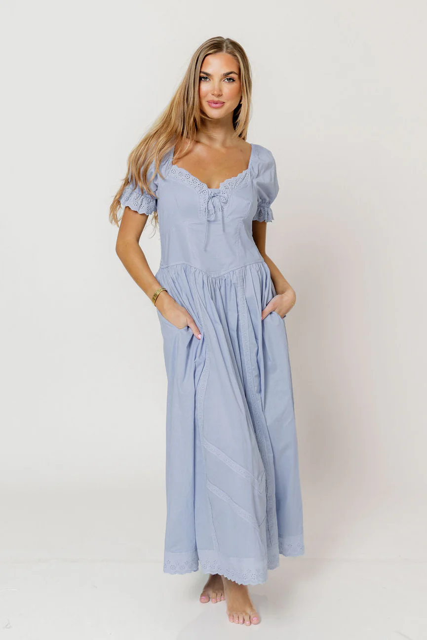 Bristol 100% Cotton Lace Detail Maxi Dress in Blue Aura - Image 2