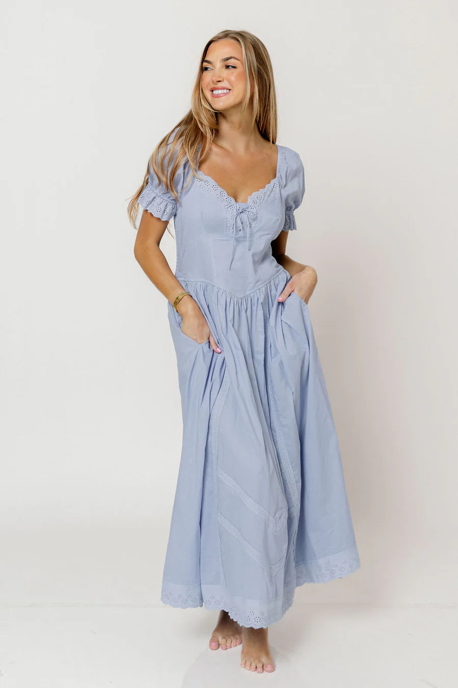 Bristol 100% Cotton Lace Detail Maxi Dress in Blue Aura - Image 4