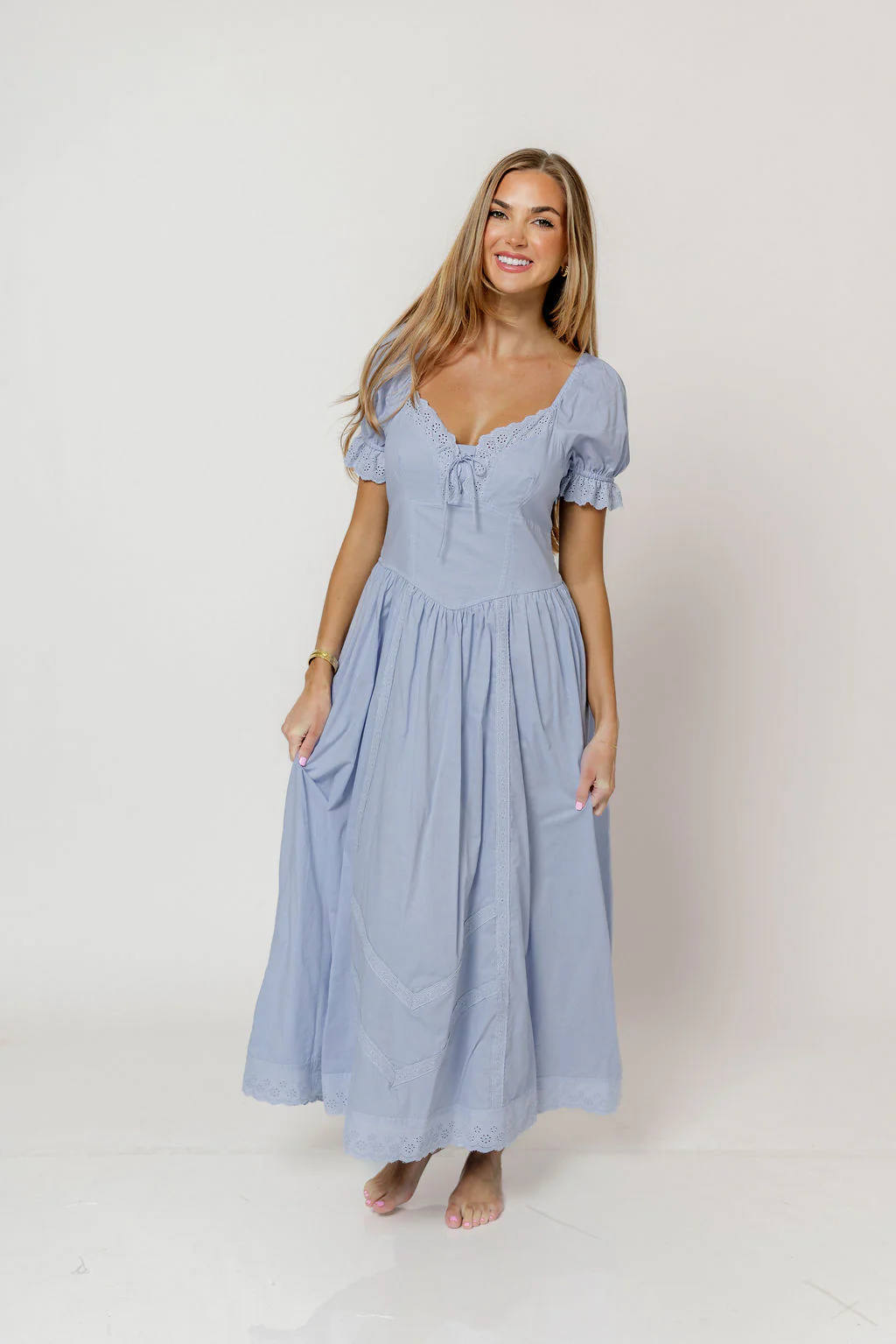 Bristol 100% Cotton Lace Detail Maxi Dress in Blue Aura - Image 6