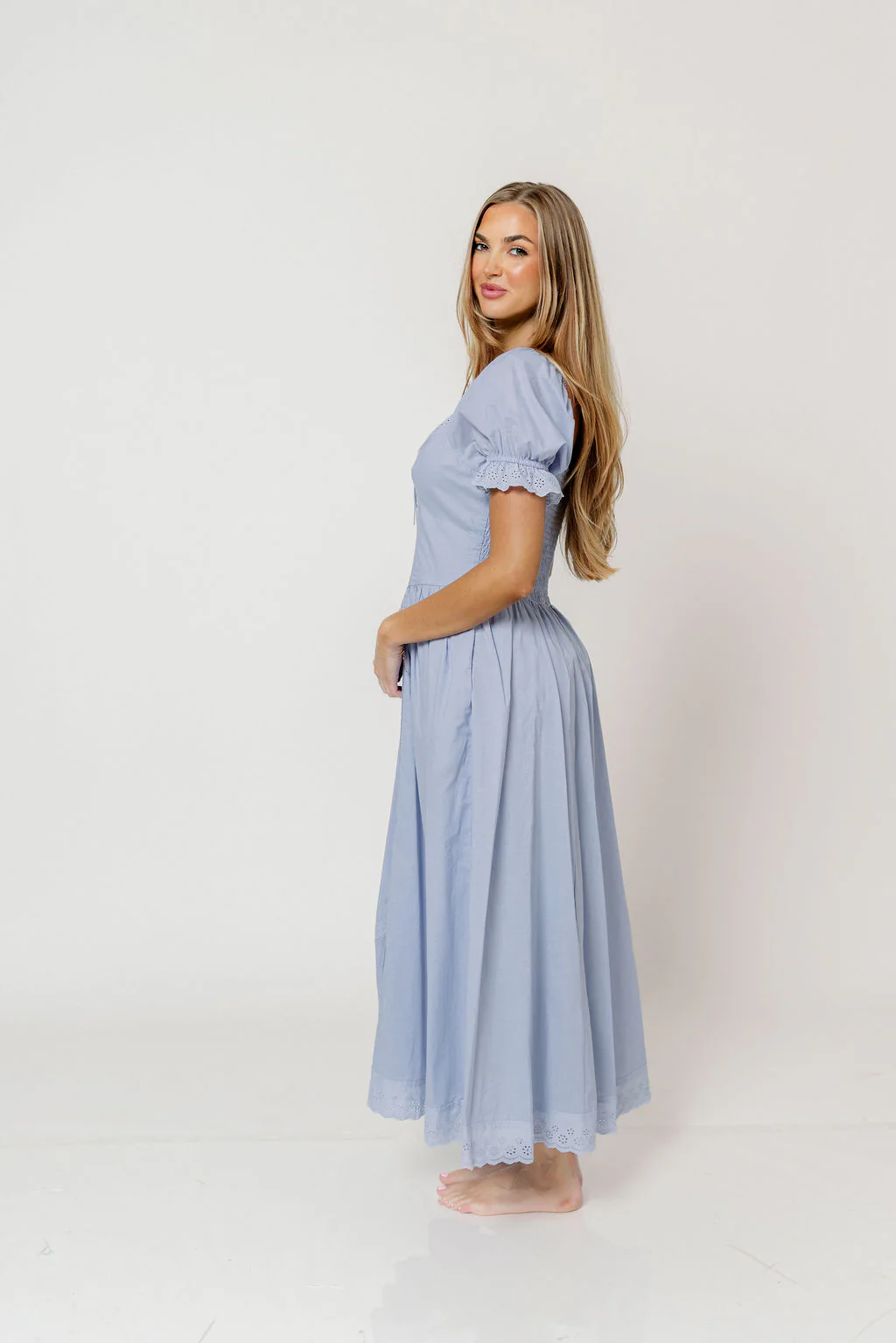 Bristol 100% Cotton Lace Detail Maxi Dress in Blue Aura - Image 7
