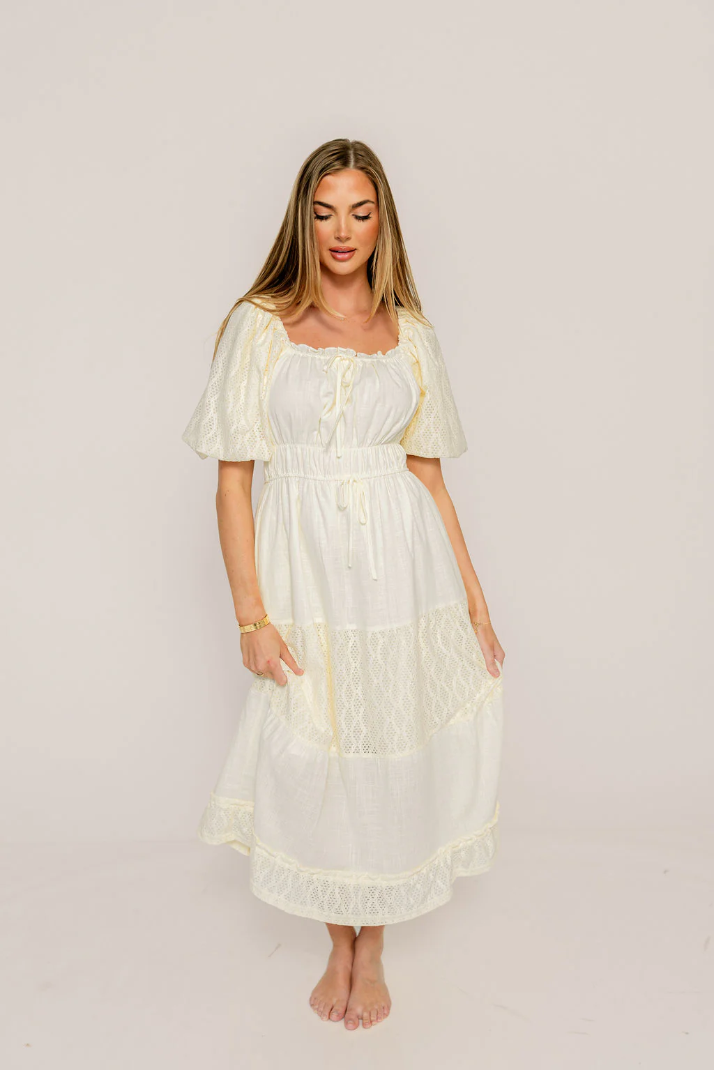 Noor Lace Tiered Midi Dress in Cream