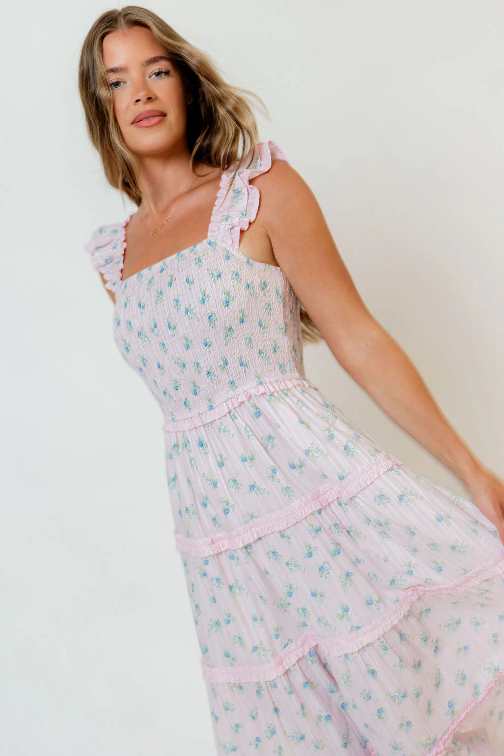 Levi Ditsy Floral Smocked Ruffle Maxi Dress in Pink/Blue