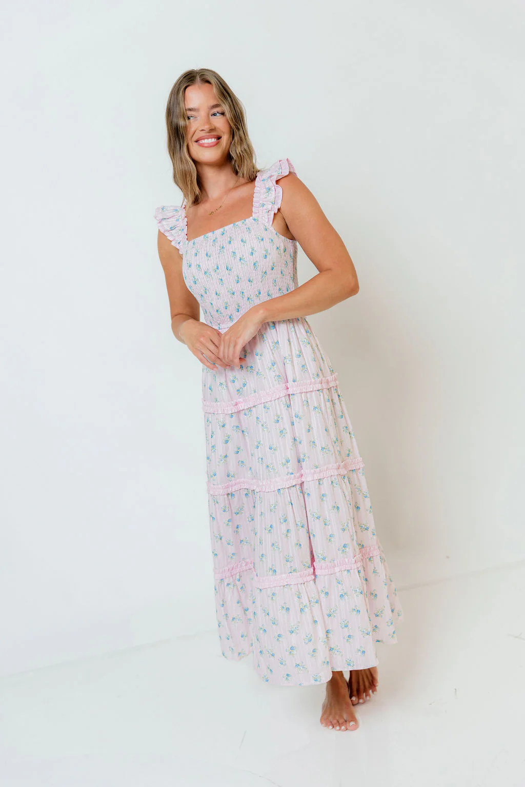Levi Ditsy Floral Smocked Ruffle Maxi Dress in Pink/Blue - Image 2