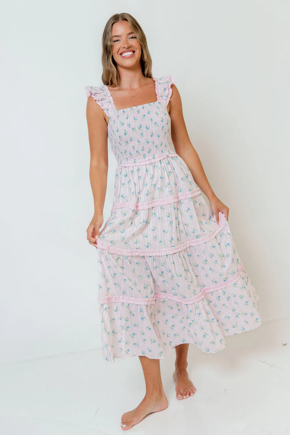 Levi Ditsy Floral Smocked Ruffle Maxi Dress in Pink/Blue - Image 3