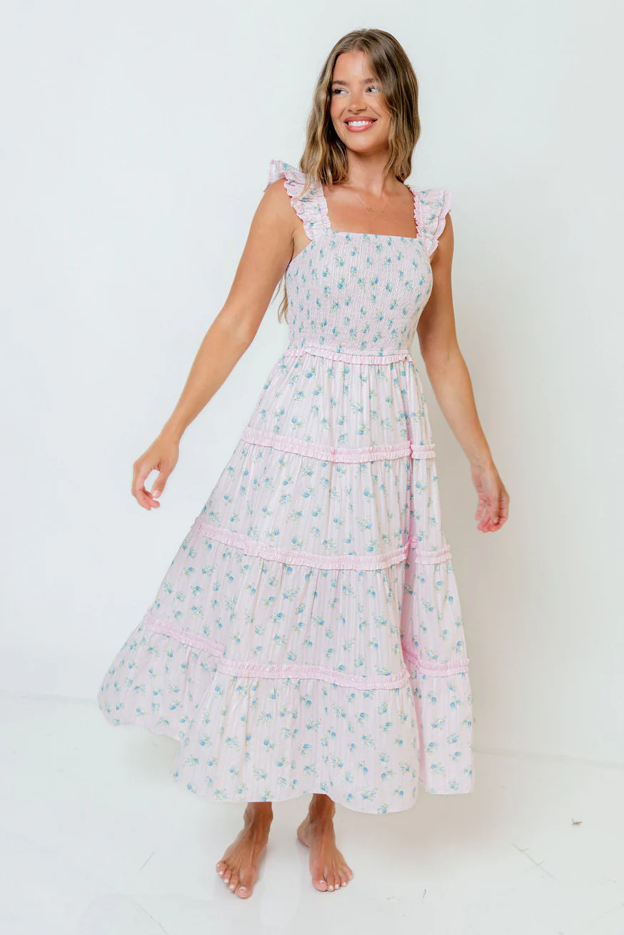 Levi Ditsy Floral Smocked Ruffle Maxi Dress in Pink/Blue - Image 4