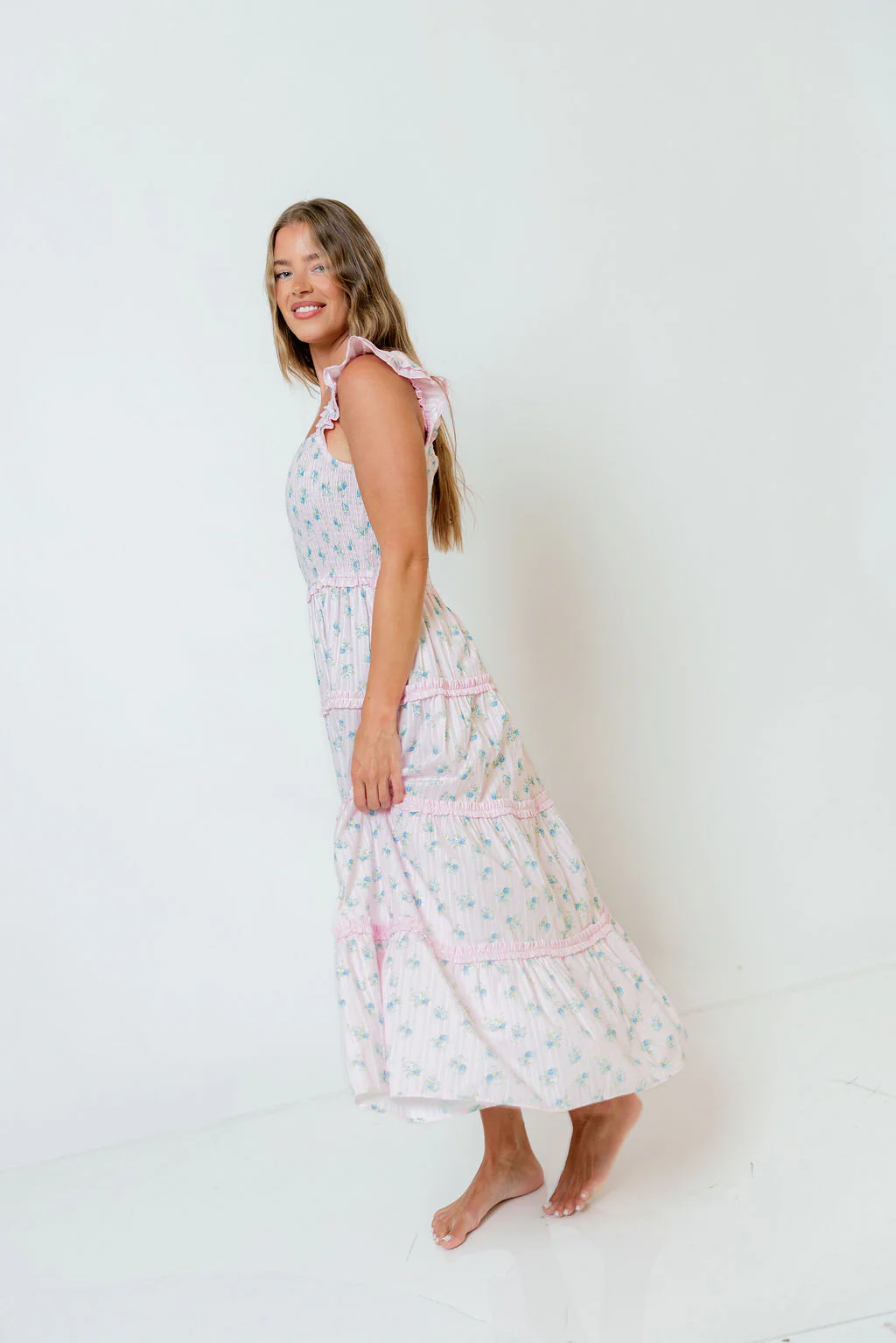 Levi Ditsy Floral Smocked Ruffle Maxi Dress in Pink/Blue - Image 6