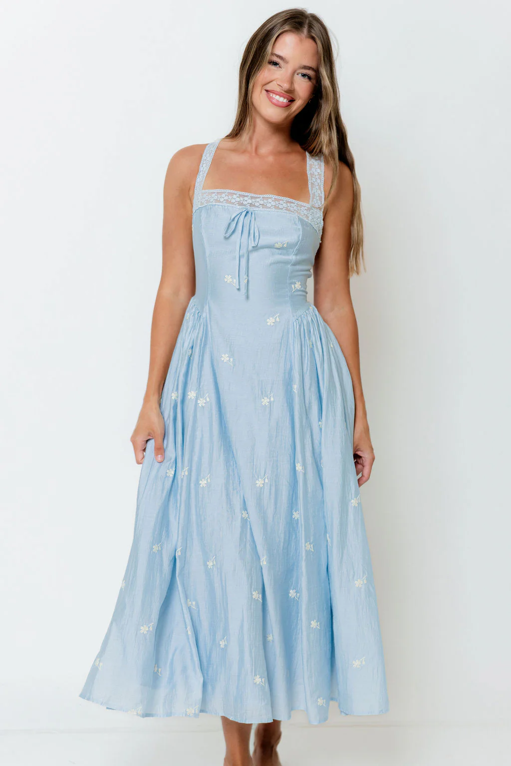 Lilibet Embroidered Lace Trim Midi Dress in Blue