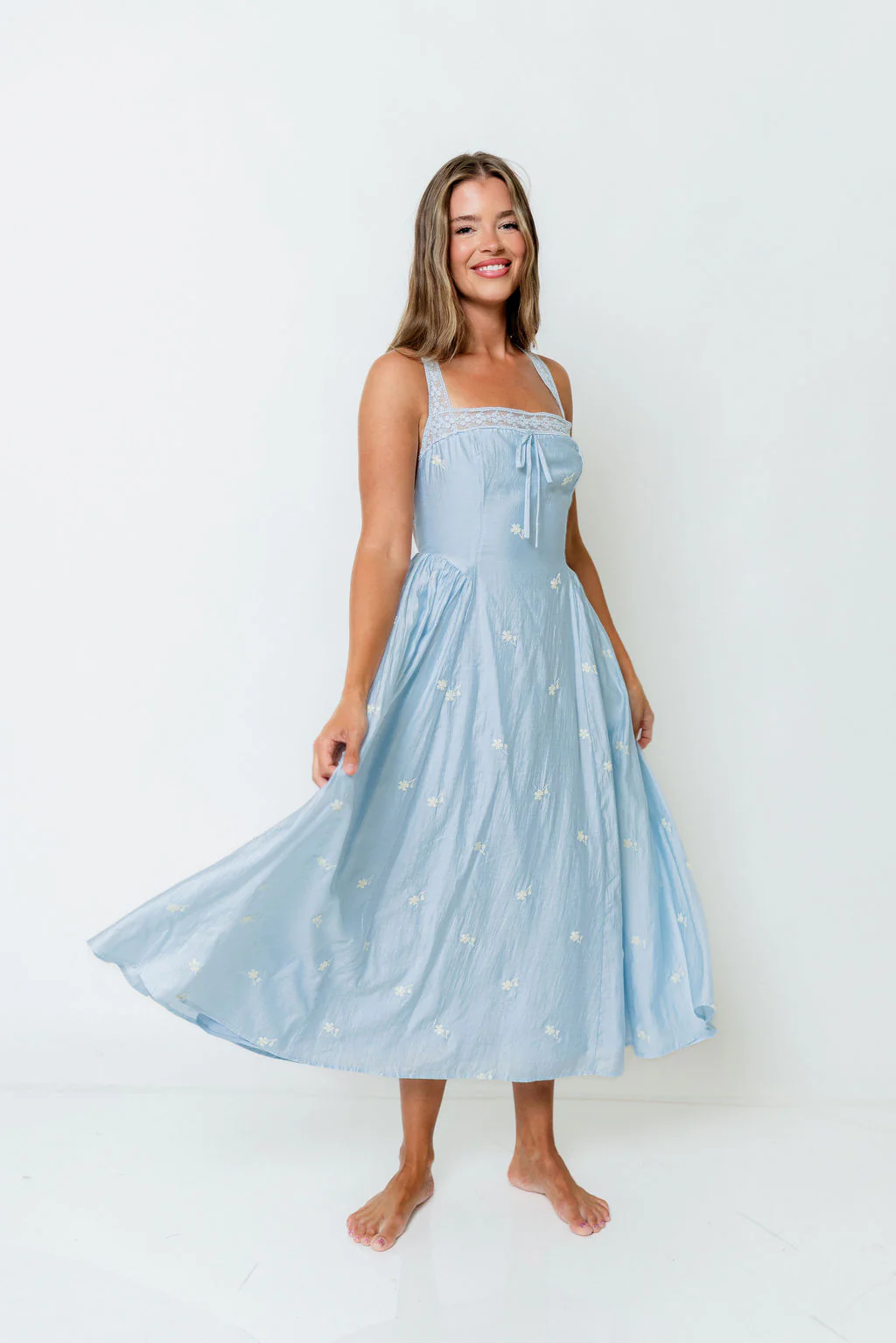 Lilibet Embroidered Lace Trim Midi Dress in Blue - Image 2