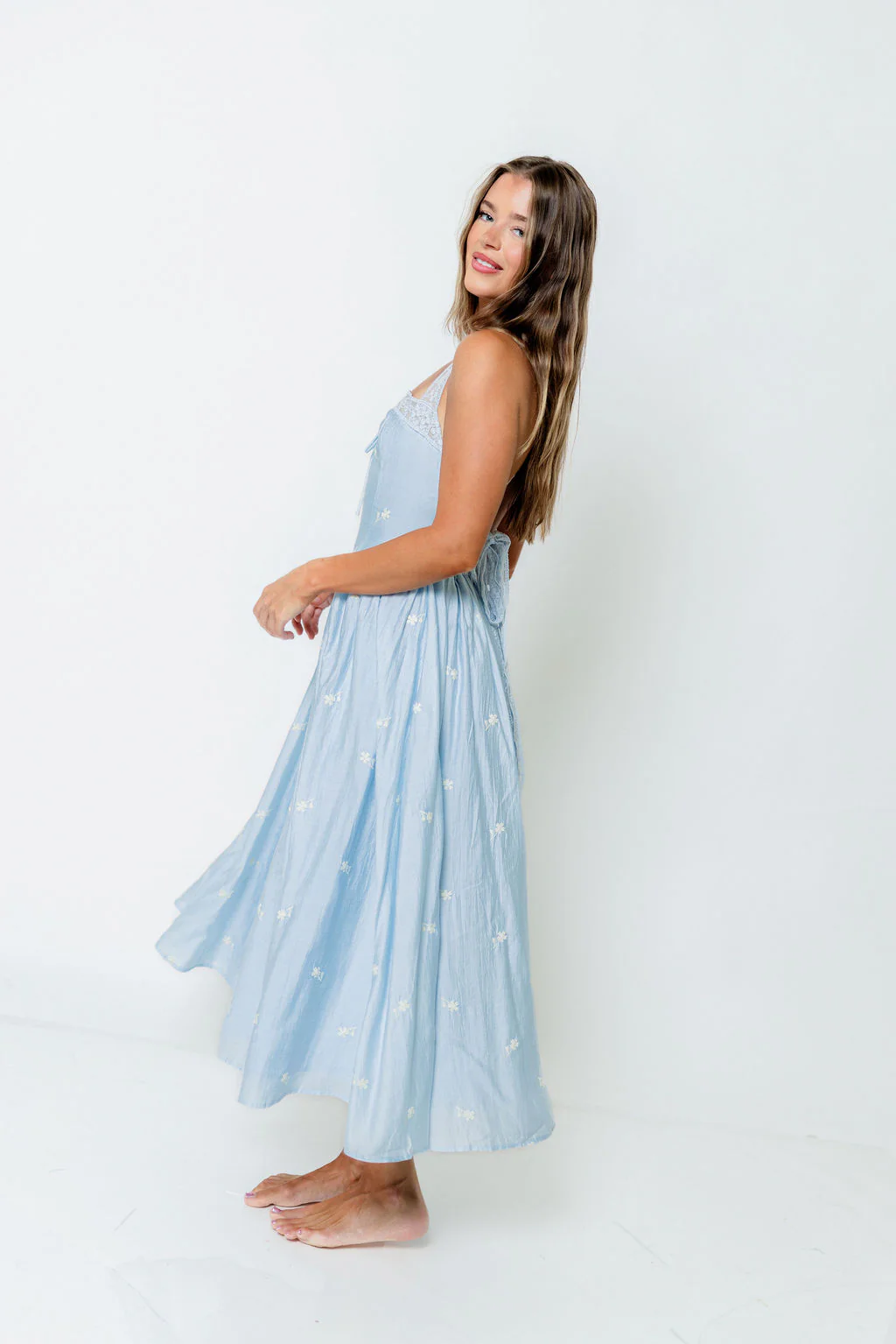 Lilibet Embroidered Lace Trim Midi Dress in Blue - Image 3