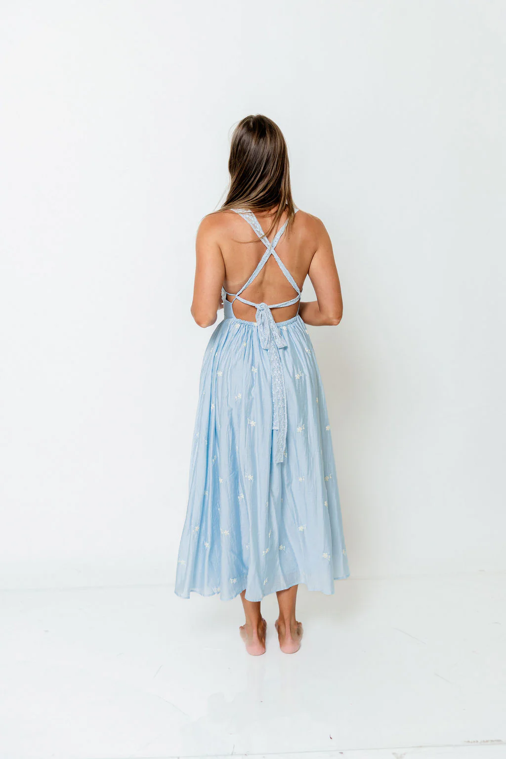 Lilibet Embroidered Lace Trim Midi Dress in Blue - Image 5