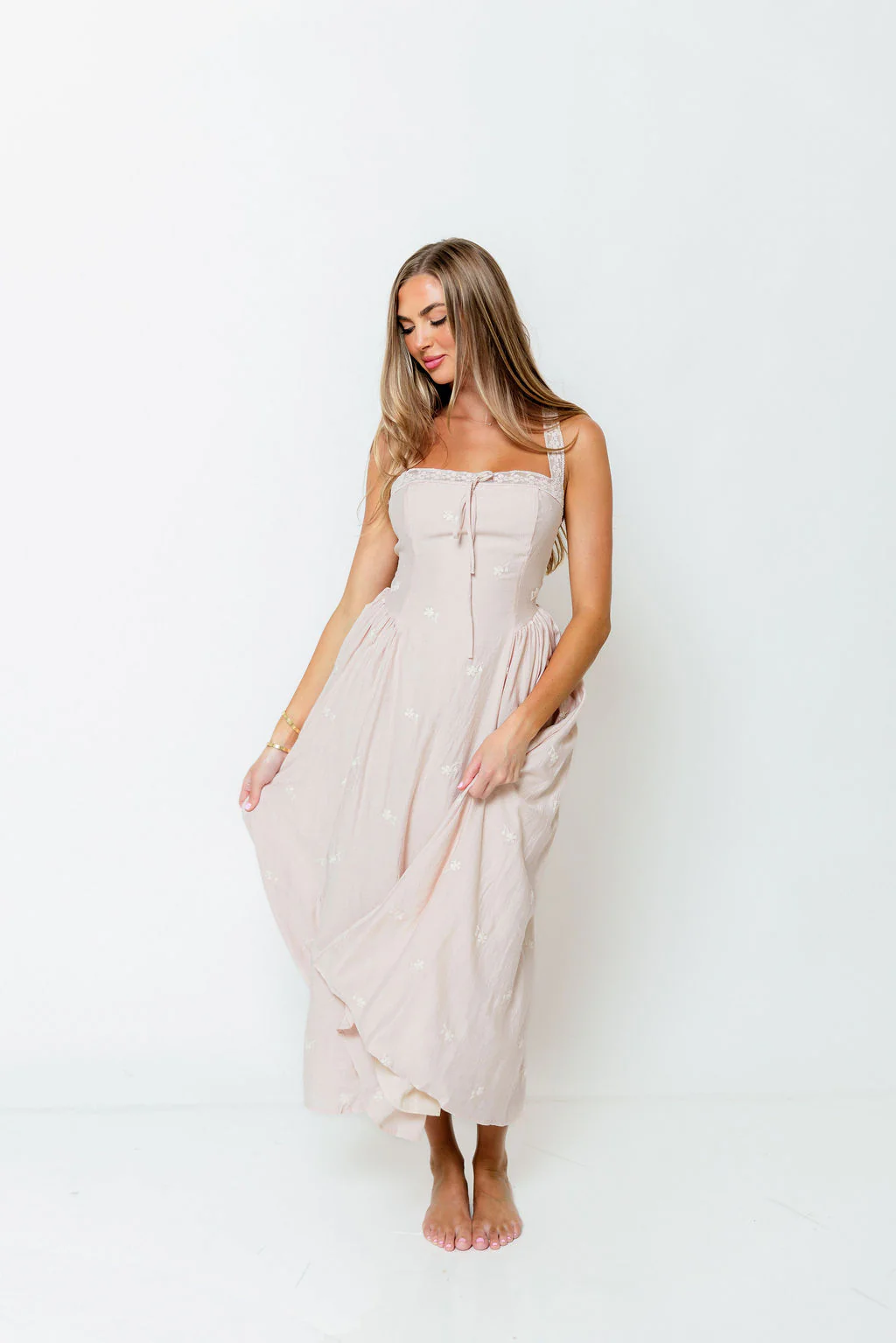 Lilibet Embroidered Lace Trim Midi Dress in Pink