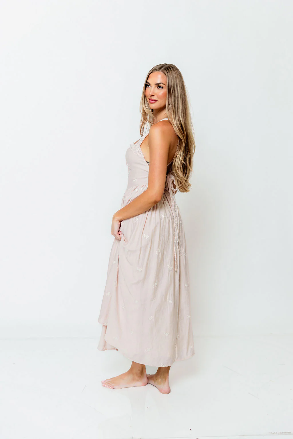 Lilibet Embroidered Lace Trim Midi Dress in Pink - Image 2