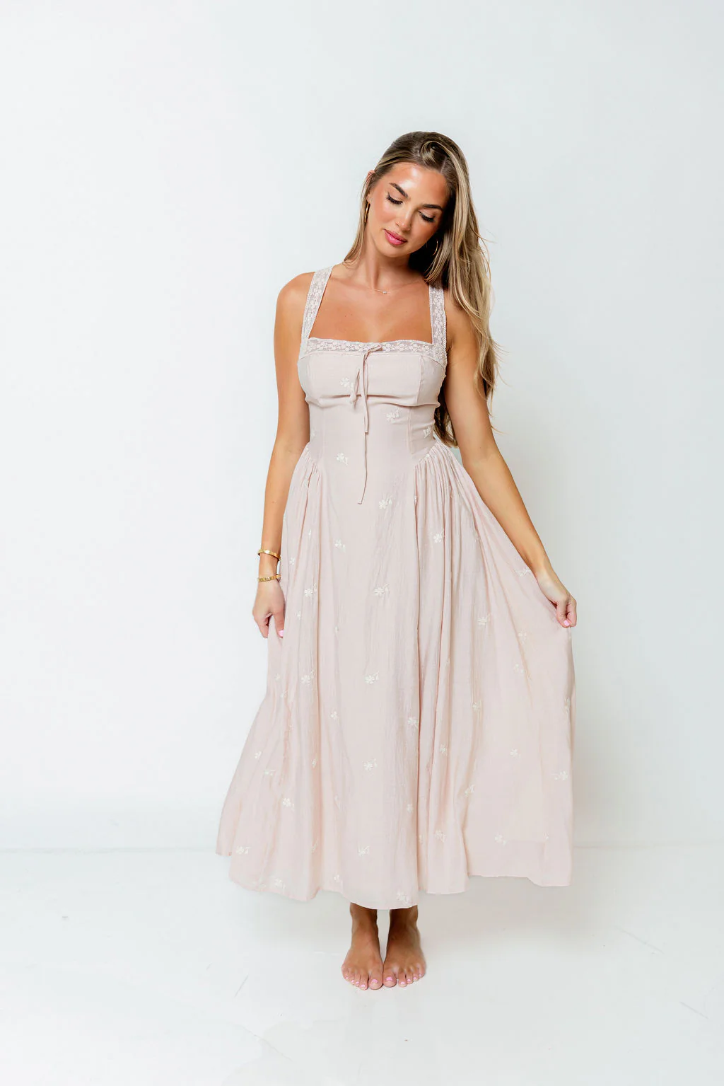 Lilibet Embroidered Lace Trim Midi Dress in Pink - Image 3