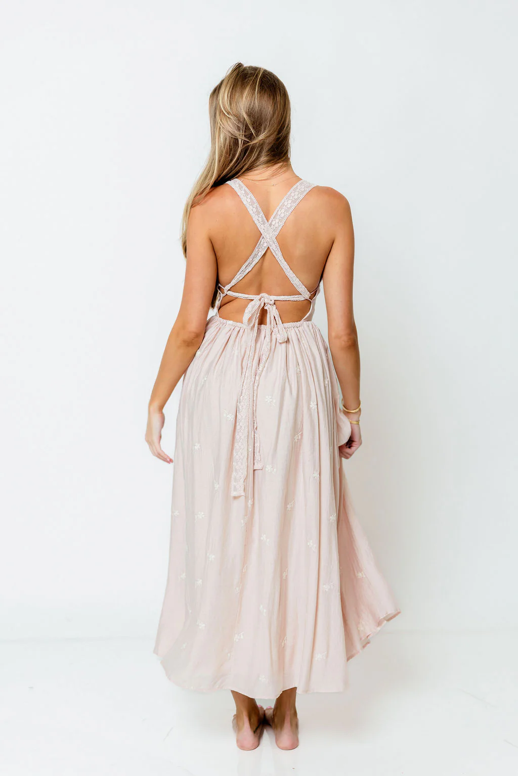 Lilibet Embroidered Lace Trim Midi Dress in Pink - Image 4