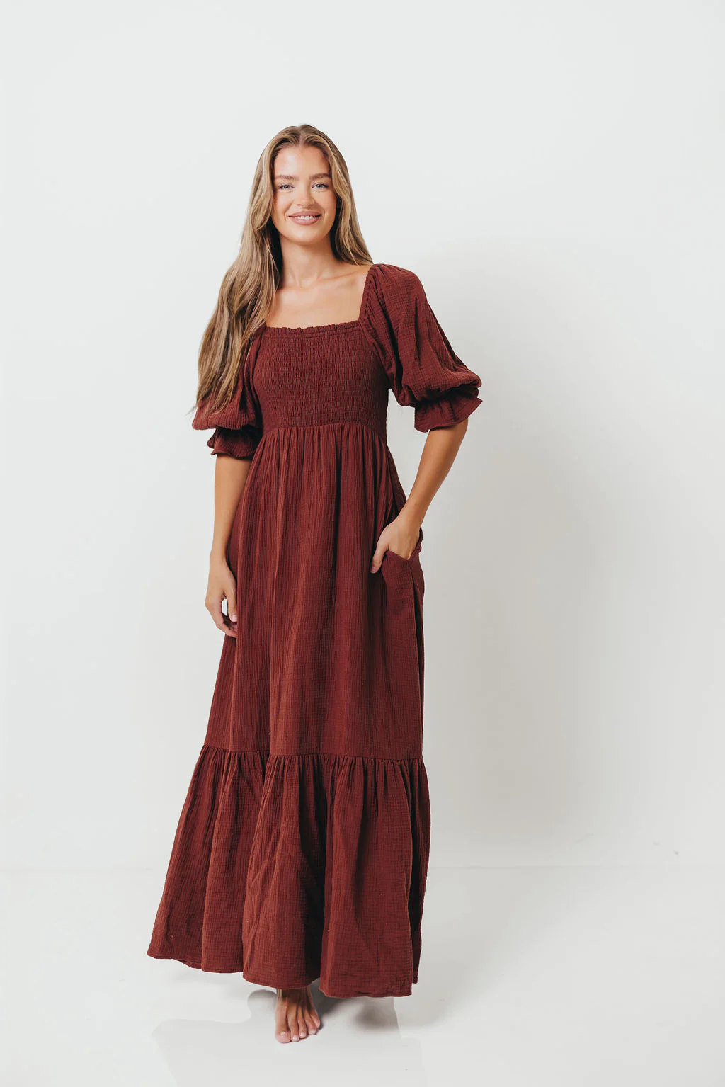 Livvy 100% Cotton Maxi Dress in Rust Brown - Bump Friendly