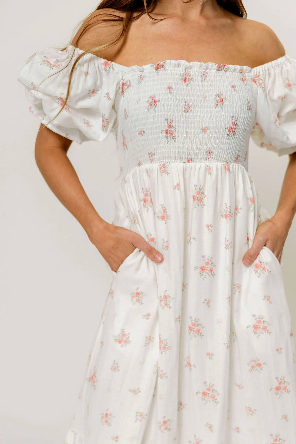Livvy 100% Cotton Dress in Off White/Pink Floral (Fully Lined) -Bump Friendly - Image 3