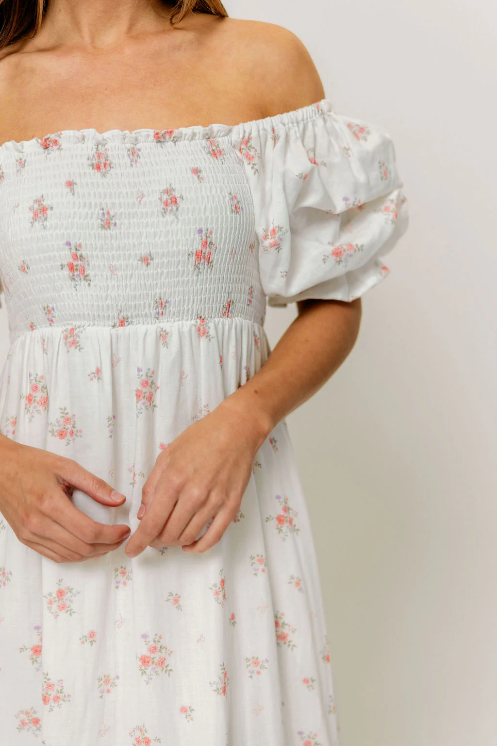 Livvy 100% Cotton Dress in Off White/Pink Floral (Fully Lined) -Bump Friendly - Image 4