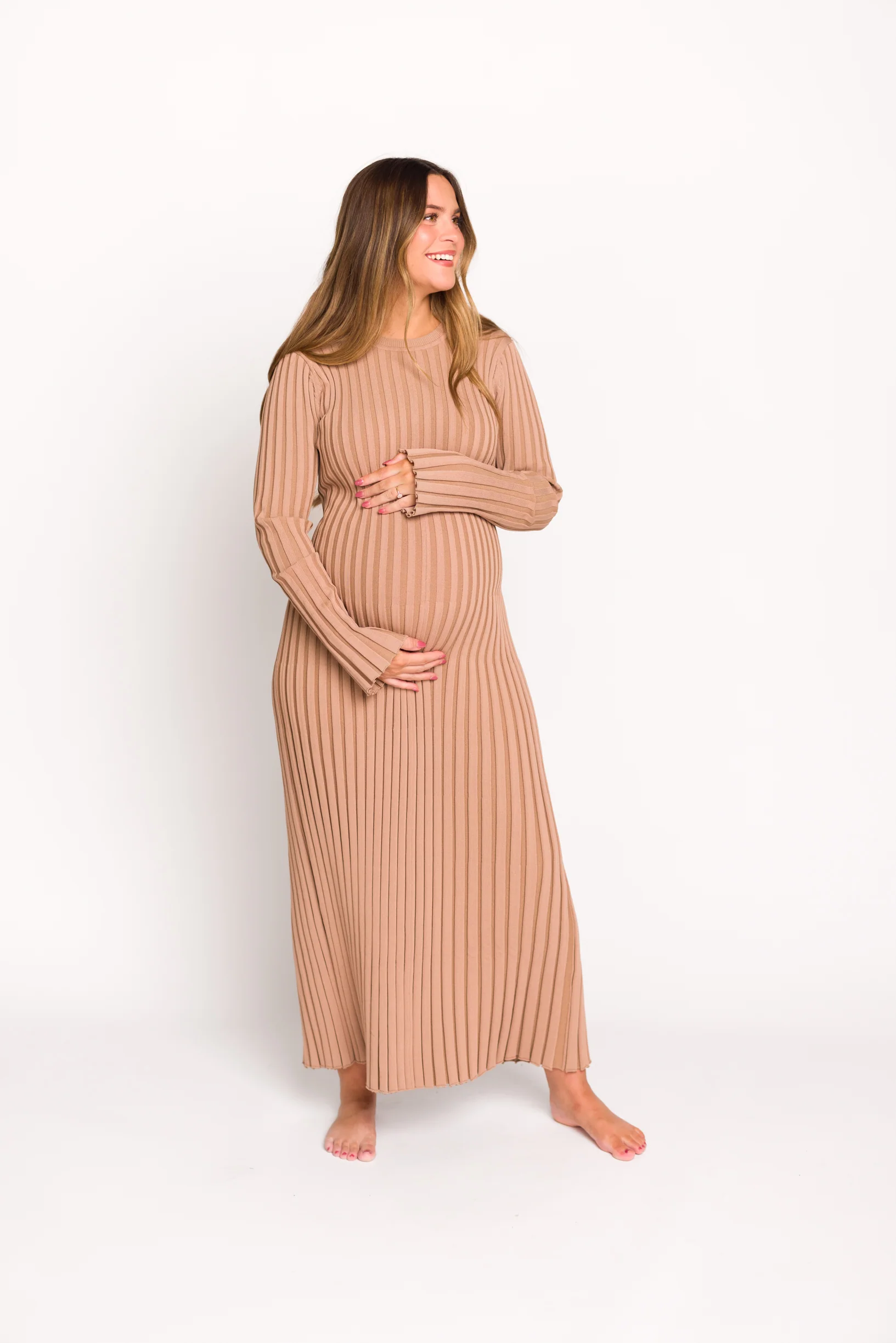 Colette Premium Long Sleeved Ribbed Knit Maxi Dress in Dark Natural - Bump Friendly *Final Sale* - Image 10